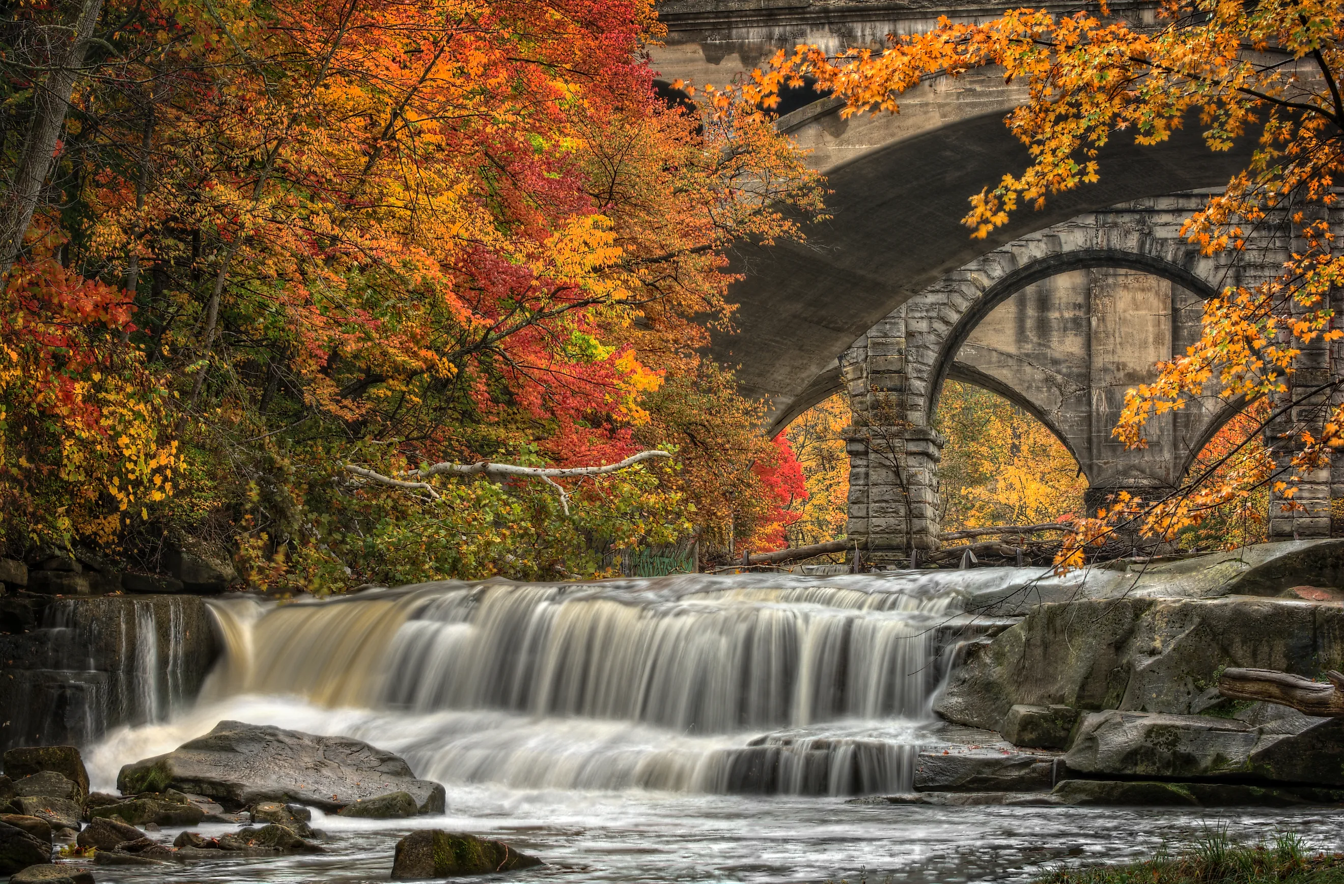 Berea Falls during peak fall colors in Berea, Ohio.