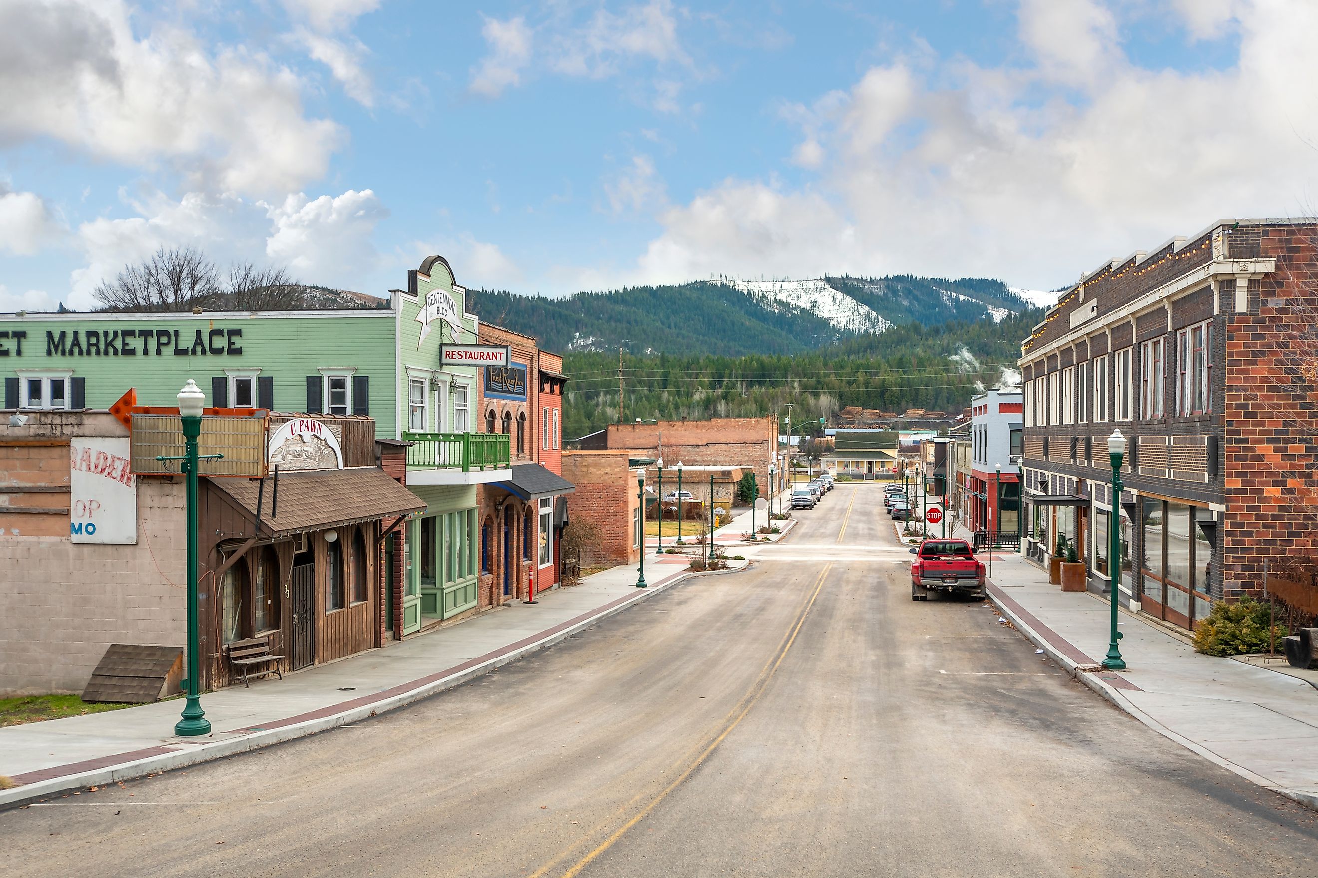 The main street of historic Priest River, Idaho, in the Northwest of the United States at winter.