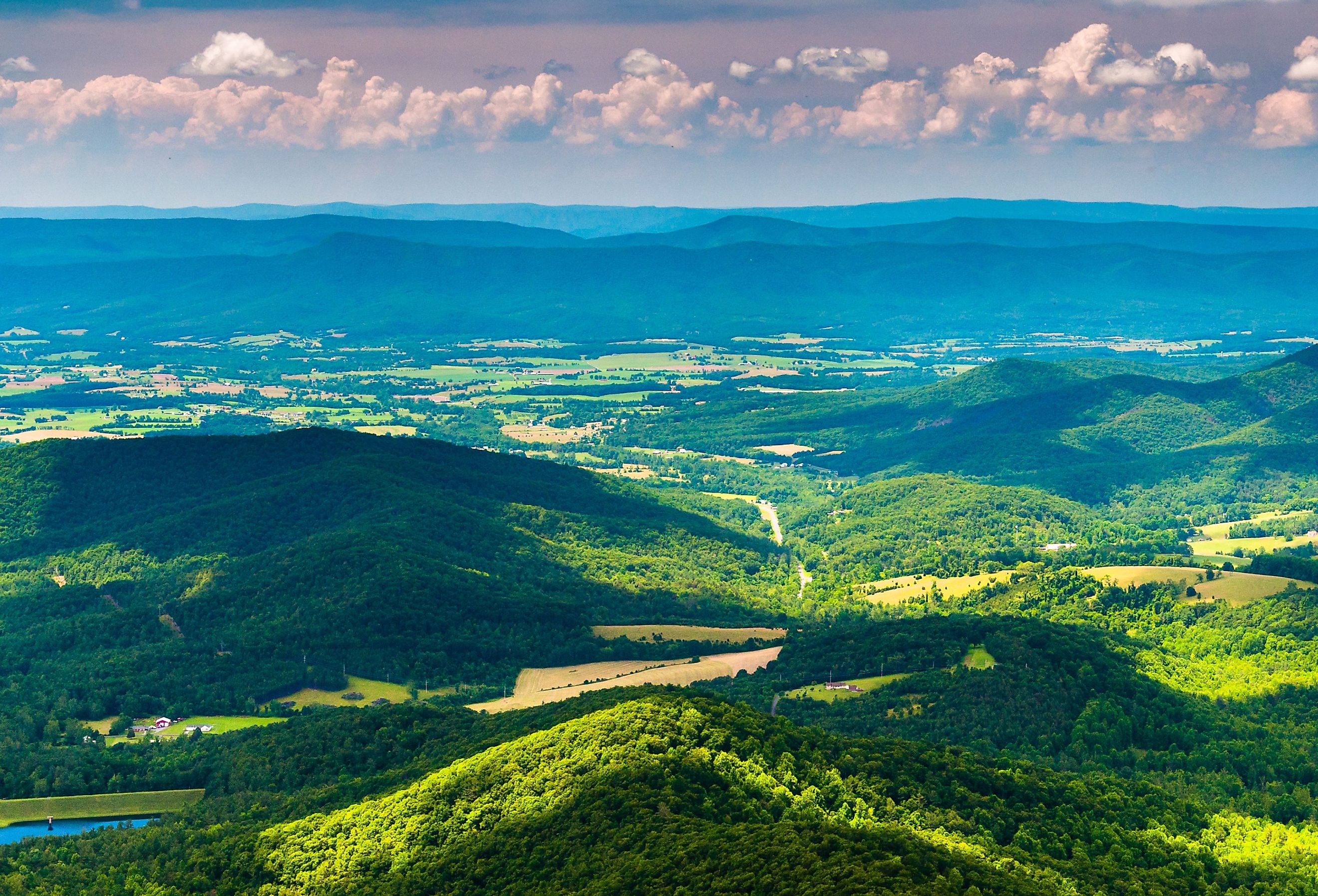 Clouds cast shadows over the Appalachian Mountains and Shenandoah Valley, seen from Shenandoah National Park, Virginia. Image credit Jon Bilous via Shutterstock.