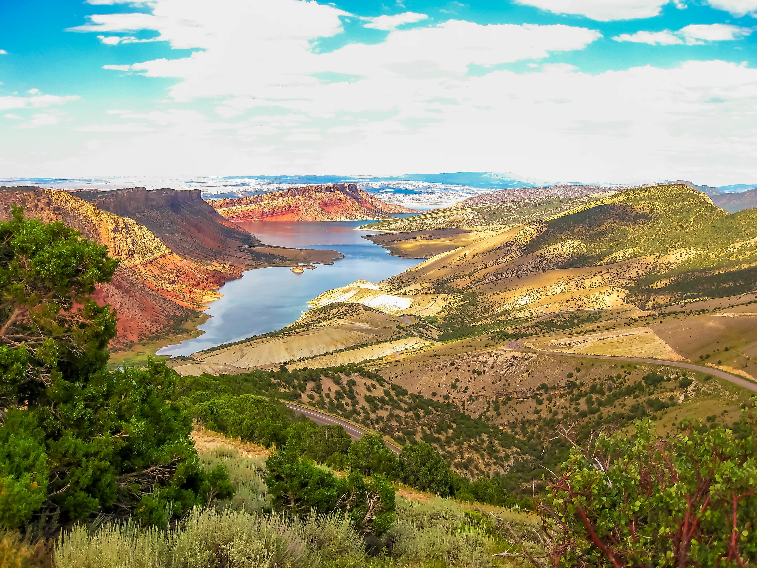 Aerial view of Flaming Gorge National Recreation Area located between Utah and Wyoming, a reservoir on the Green River, created by Flaming Gorge Dam