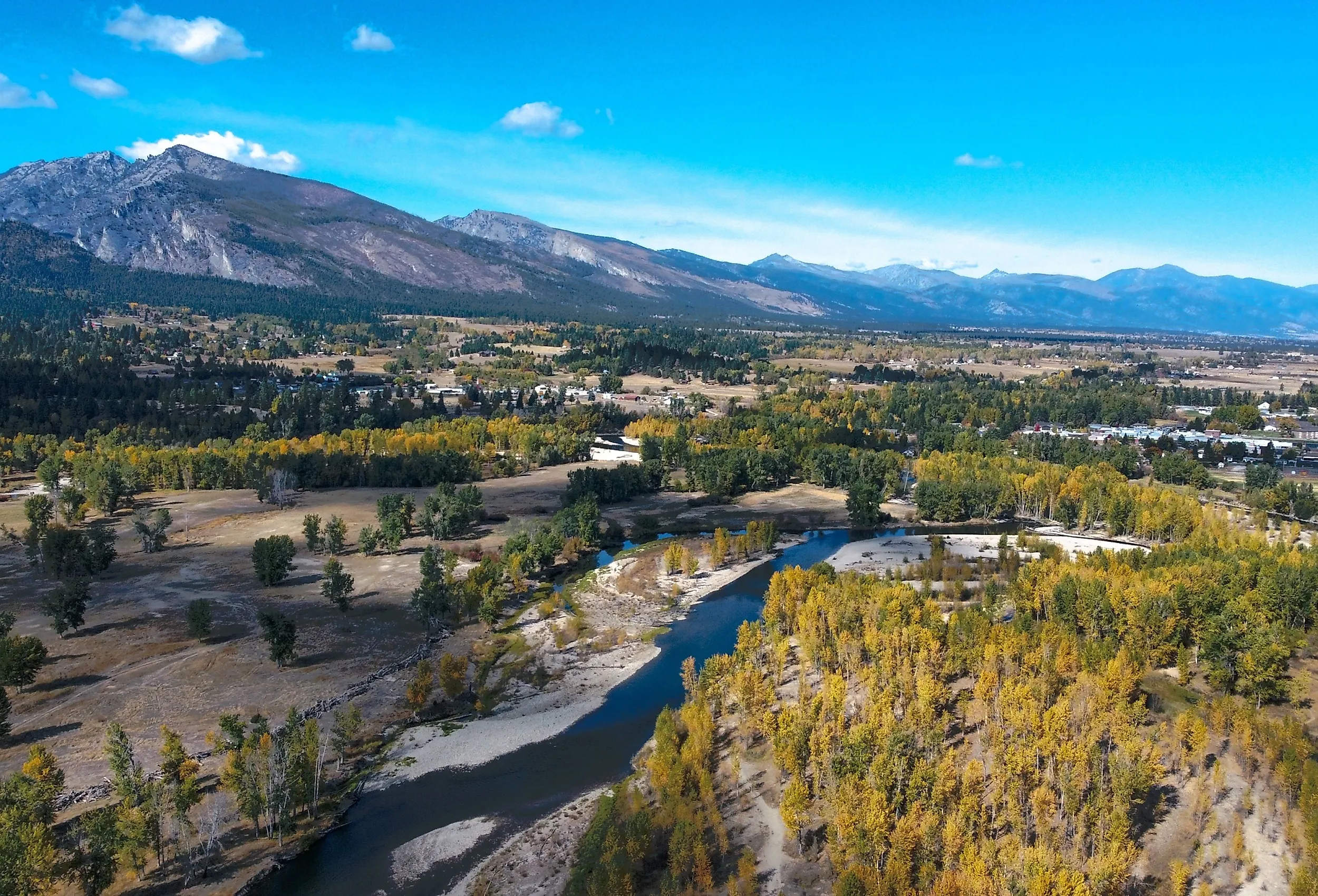 Drone-view of the Bitterroot Mountain range in Hamilton, Montana.