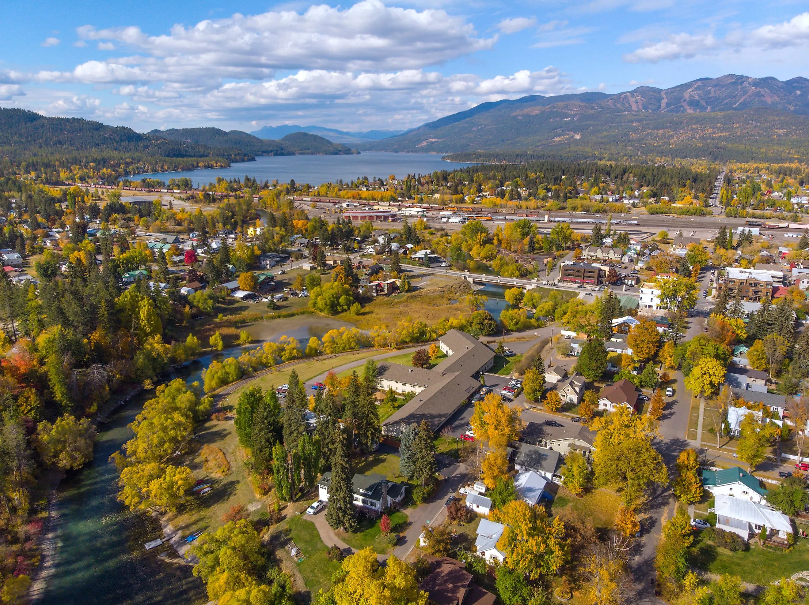 Aerial view of the beautiful town of Whitefish, Montana.