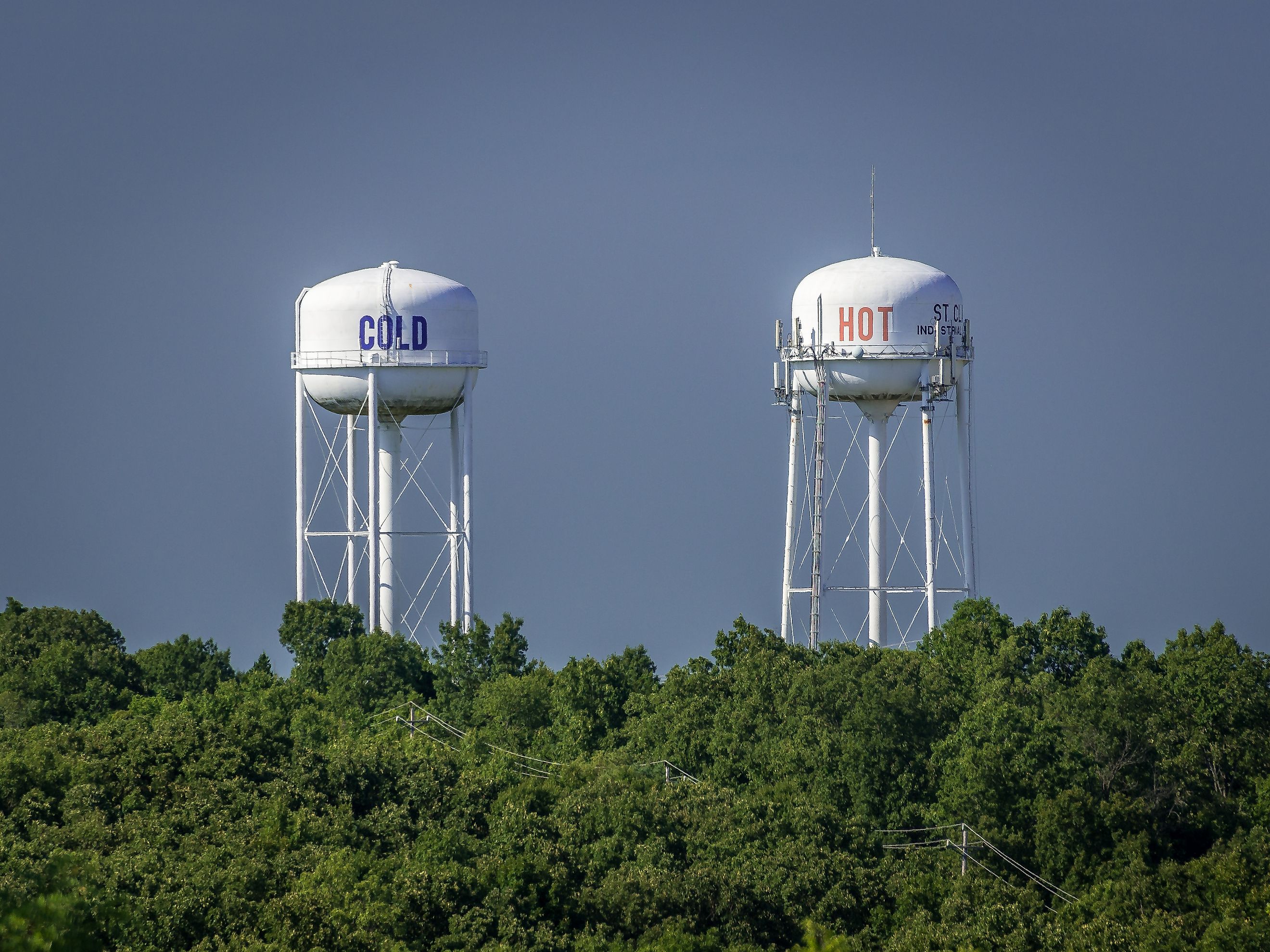 the city of St. Clair, MO must have sense of humor to label their twin water towers. Credit: Dave Adams Images/Shutterstock.com