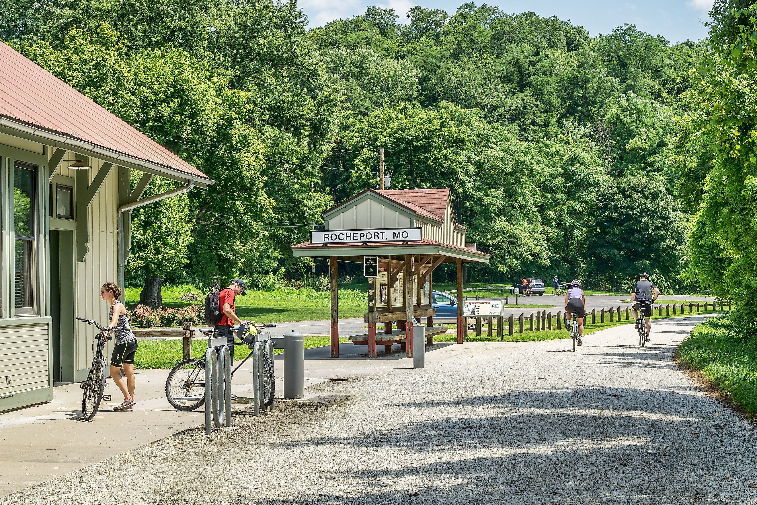 Cyclists at Rocheport station on Katy Trail.