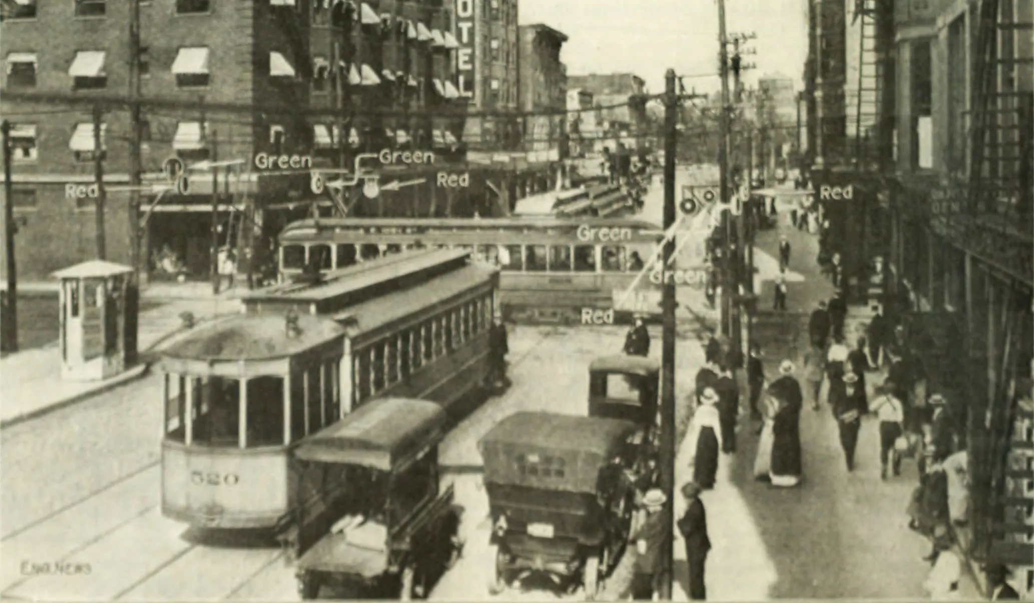 Looking east on Euclid Avenue at East 105th Street in Cleveland, showing the installation of an early electric traffic signal. By Engineering News - (3 December 1914). "Street Crossing Traffic Signals, Cleveland, Ohio". Engineering News 72 (23): 1130. New