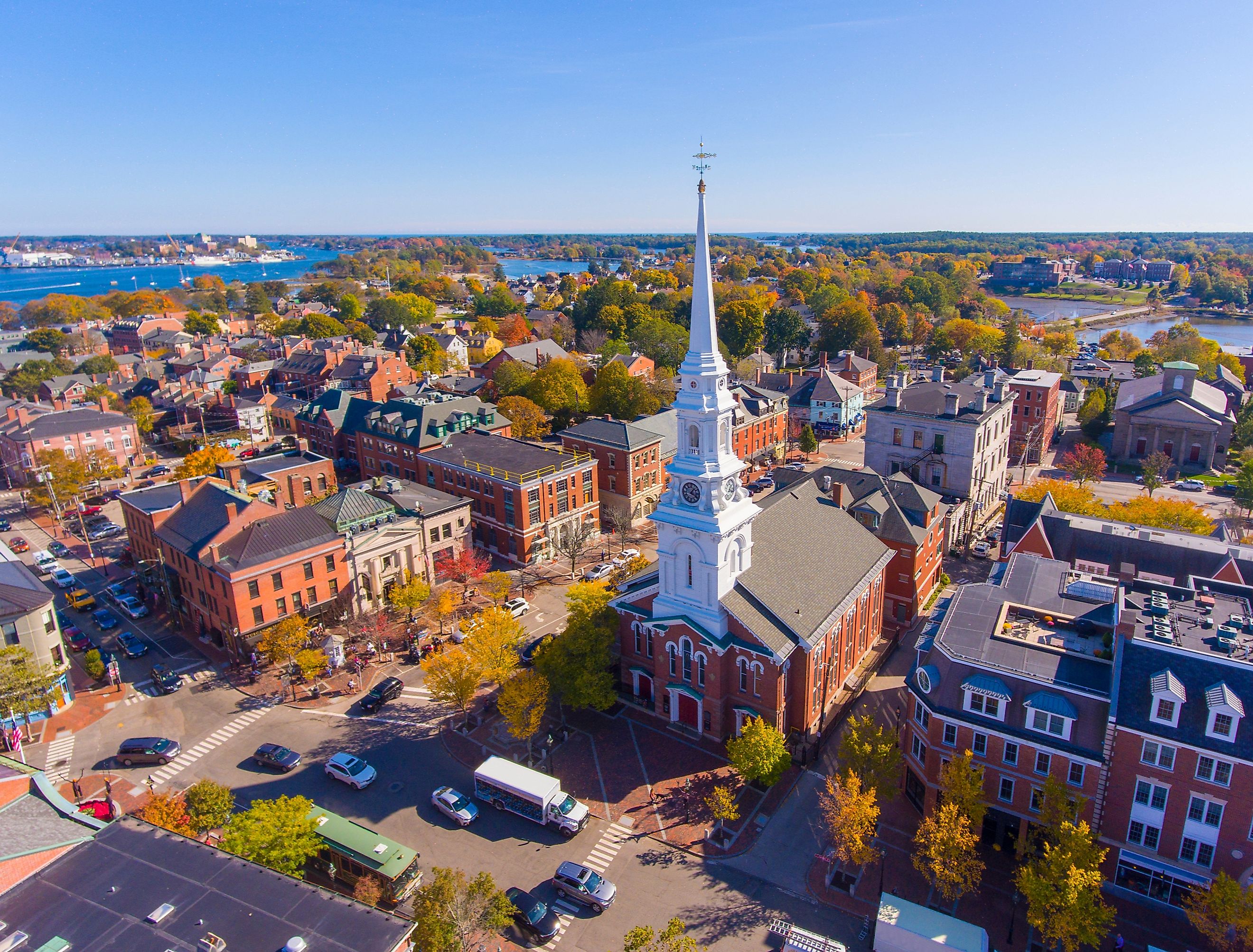 Portsmouth historic downtown aerial view at Market Square with historic buildings and North Church on Congress Street in city of Portsmouth, New Hampshire