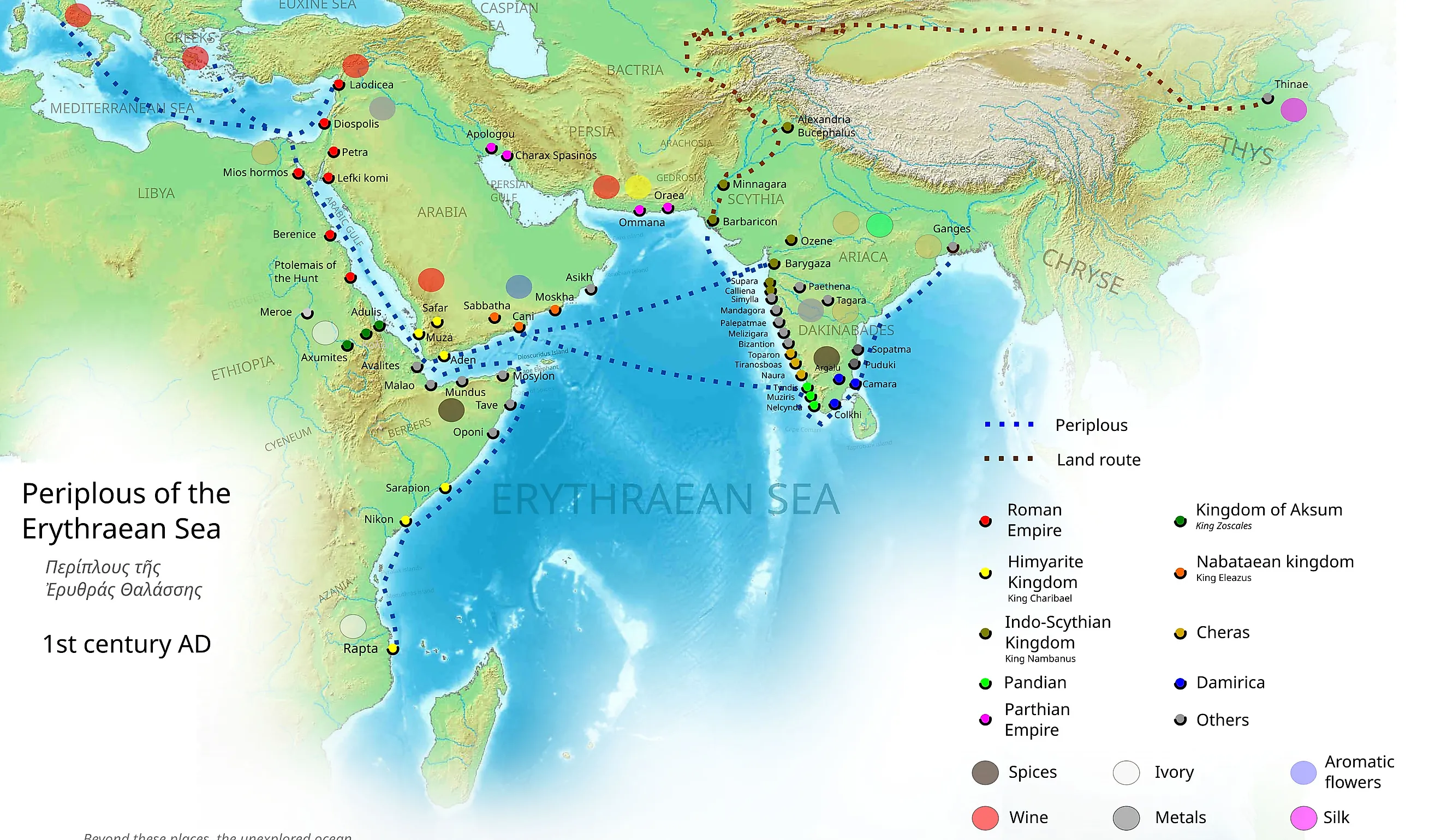 Names, routes and locations of the Periplus of the Erythraean Sea (1st century AD). By George Tsiagalakis - Own work, CC BY-SA 4.0, https://commons.wikimedia.org/w/index.php?curid=37514360