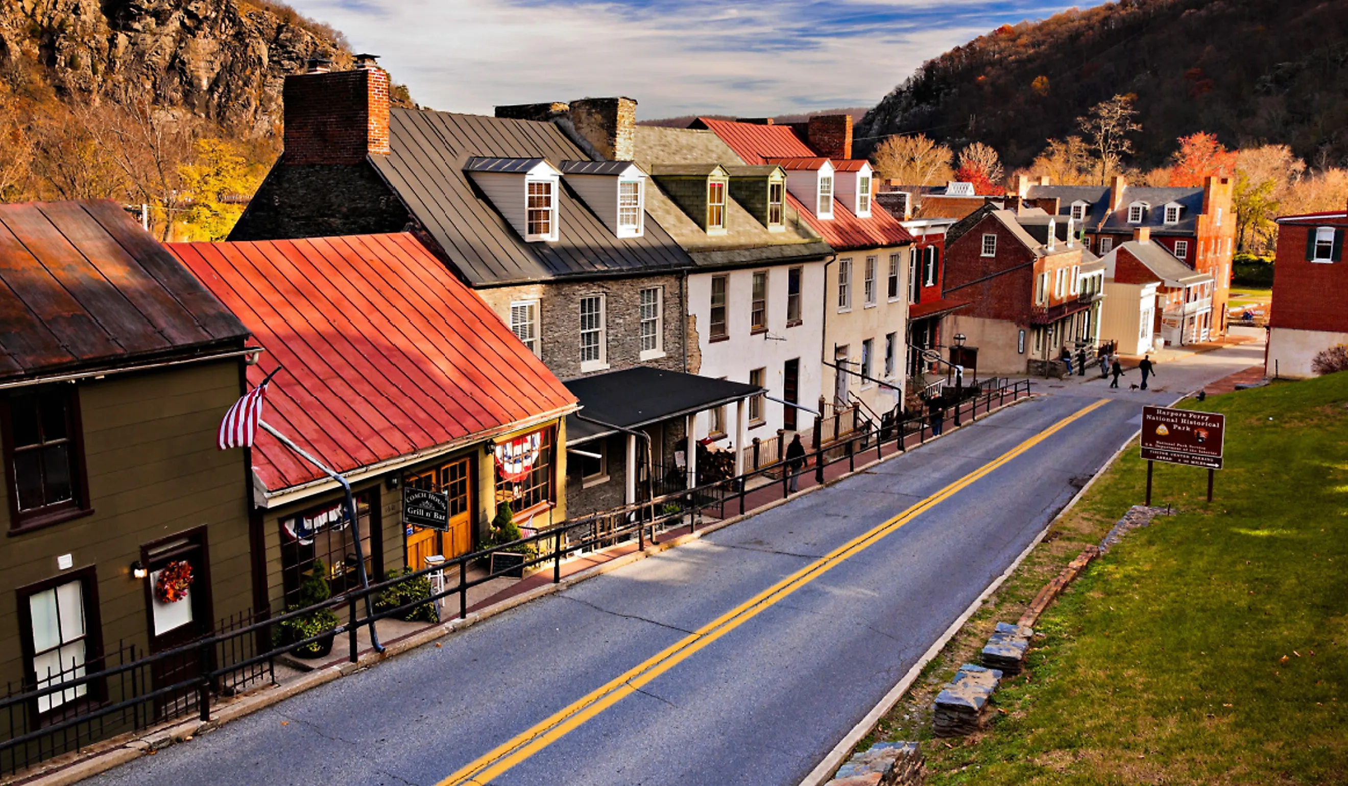 Historic buildings and shops on High Street in Harper's Ferry, West Virginia.