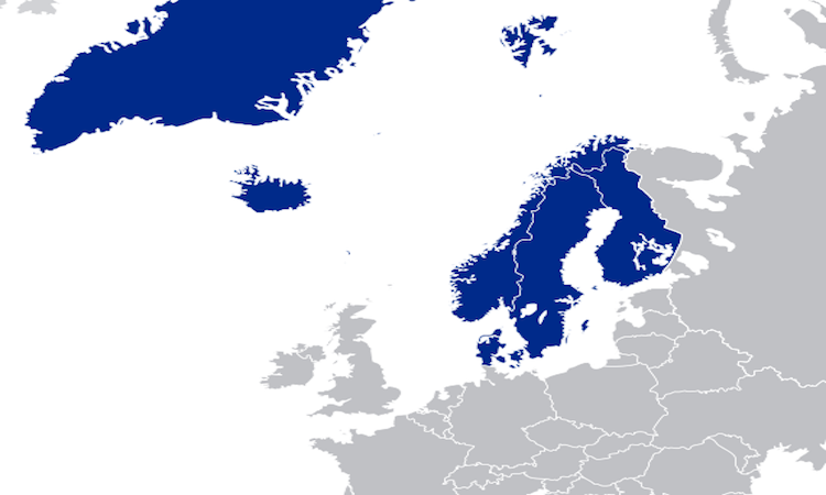 Political map of the Nordic countries and associated territories.