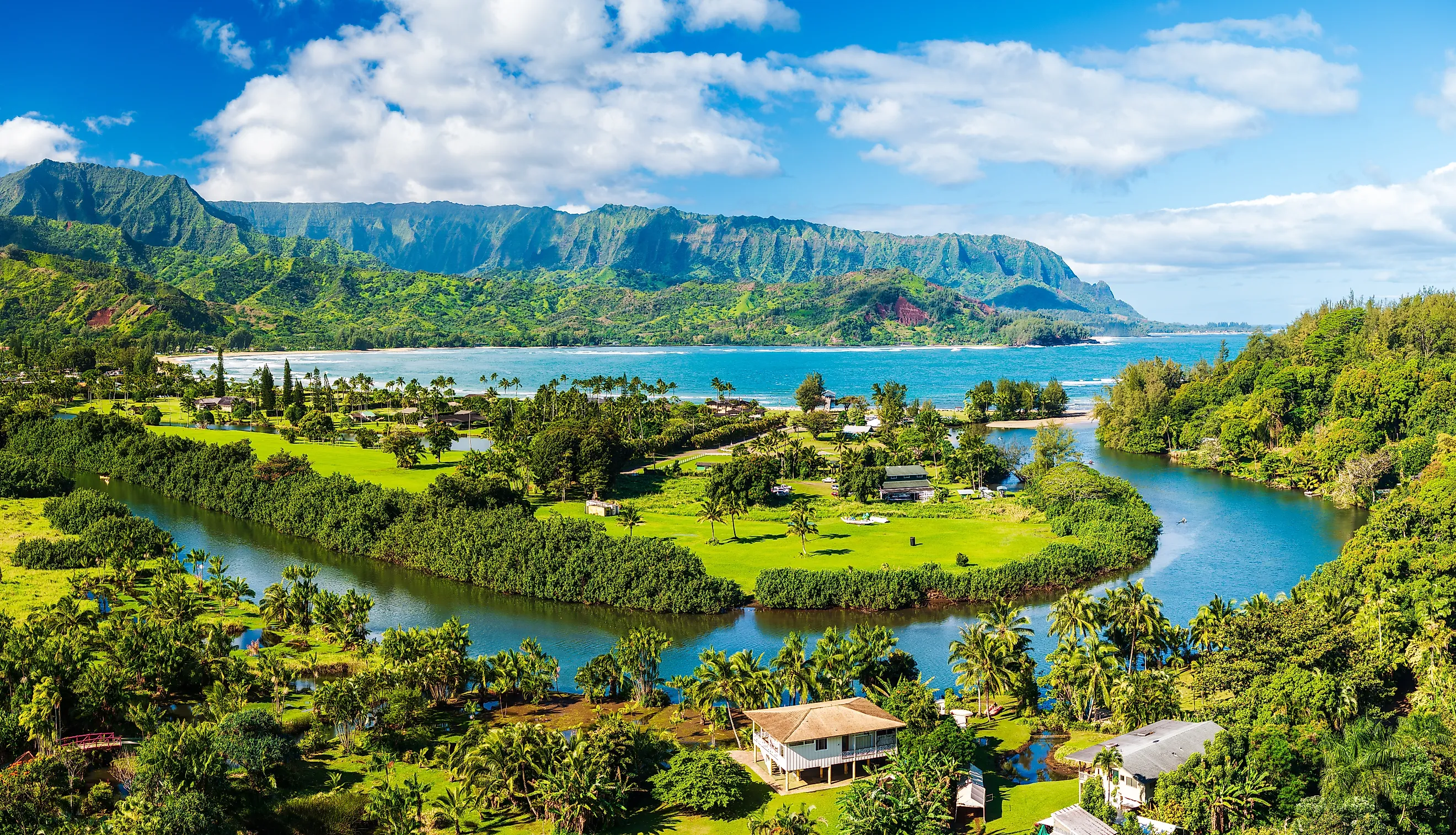 The Hanalei River meeting the Hanalei Bay in Hawaii.