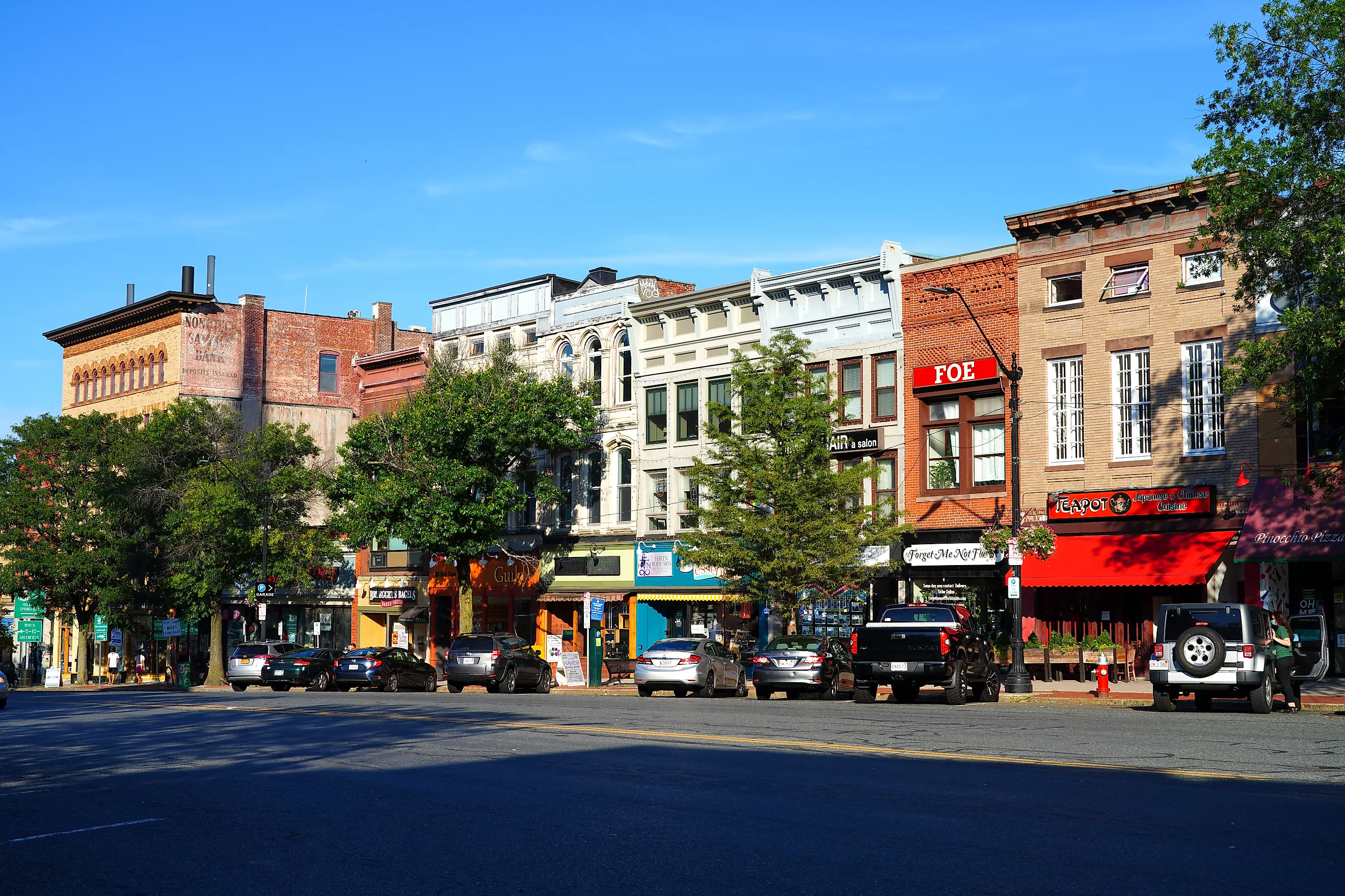 Vibrant buildings in the downtown area of Northampton, Massachusetts.