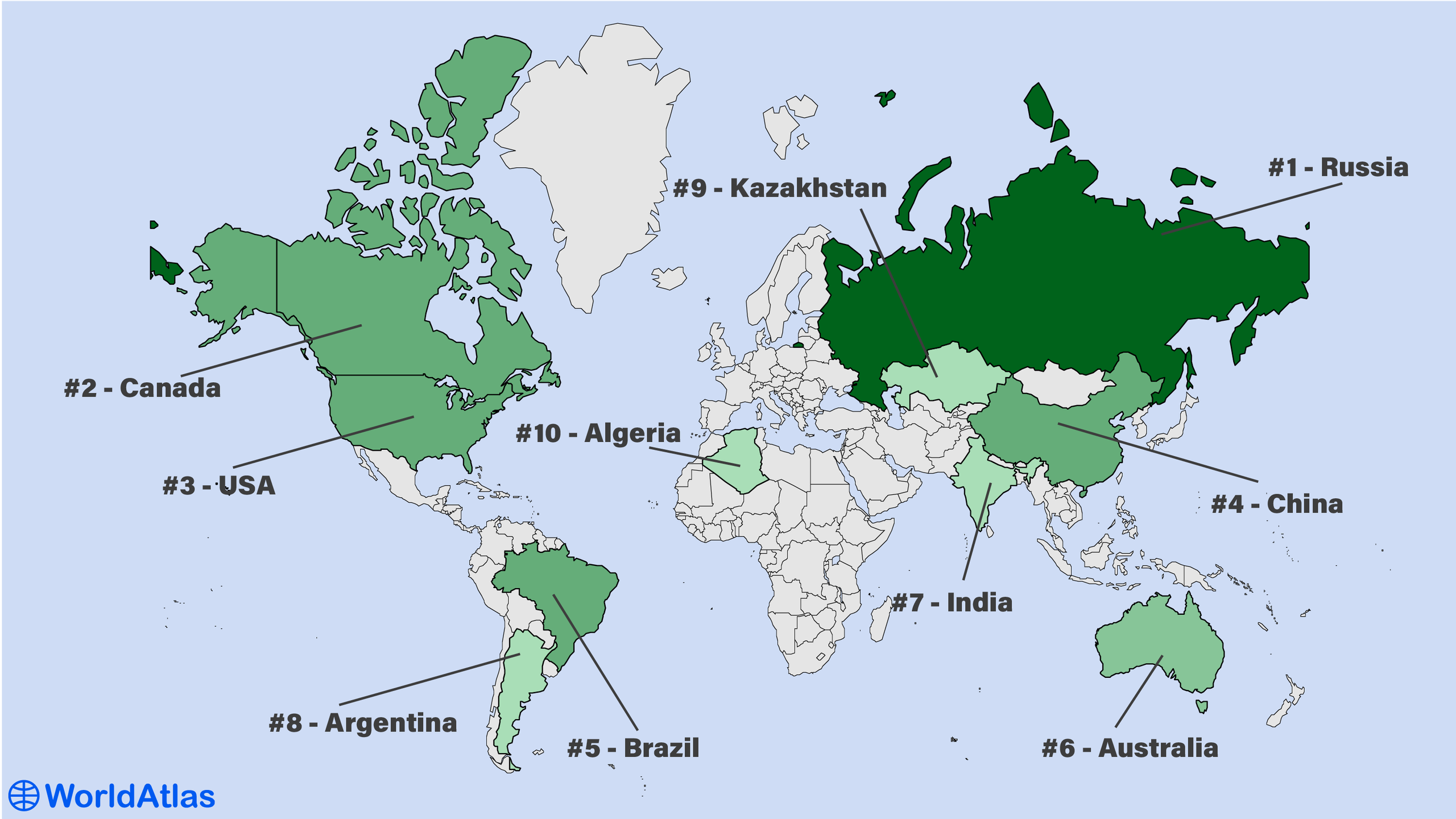 Map of the 10 largest countries in the world.