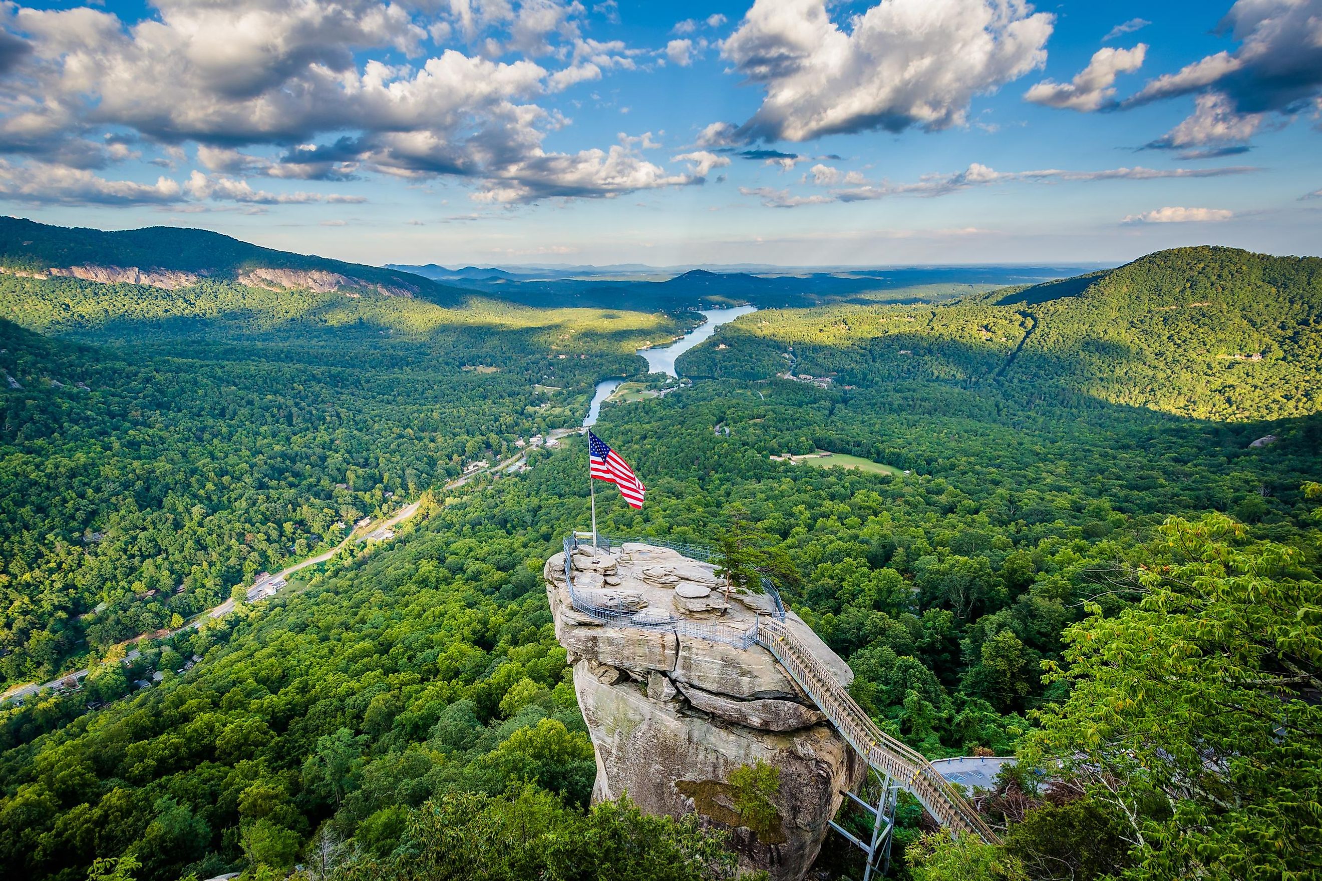 View of Chimney Rock and Lake Lure at Chimney Rock State Park, North Carolina.