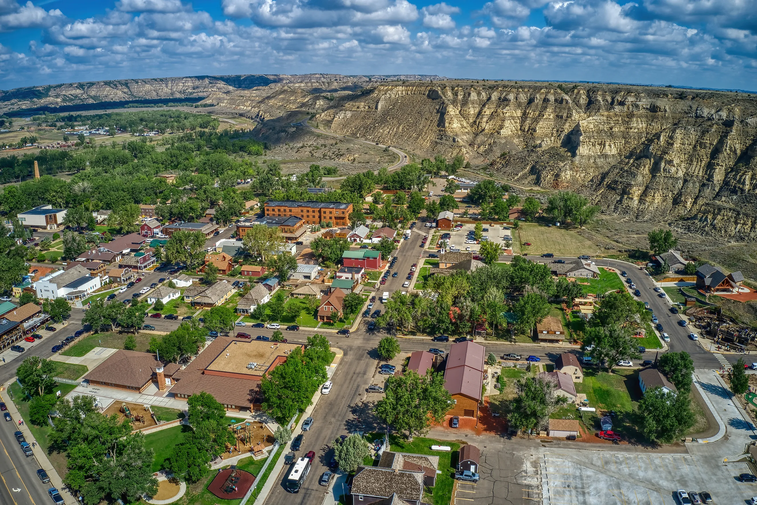 Aerial view of Medora, North Dakota outside of Theodore Roosevelt National Park.