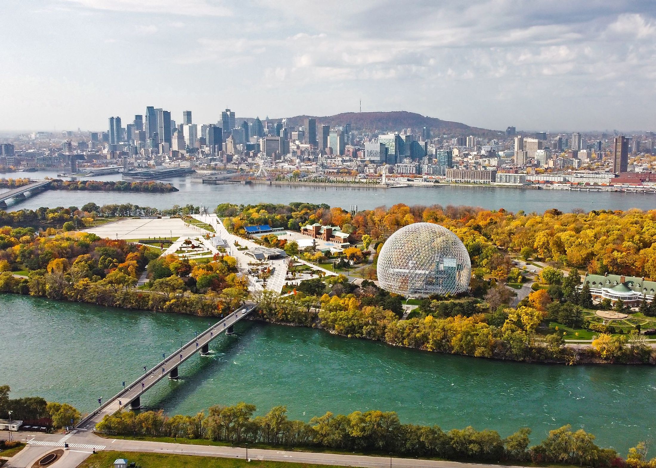 Aerial view of Montreal showing the Biosphere Environment Museum and Saint Lawrence River during fall season in Quebec, Canada. 