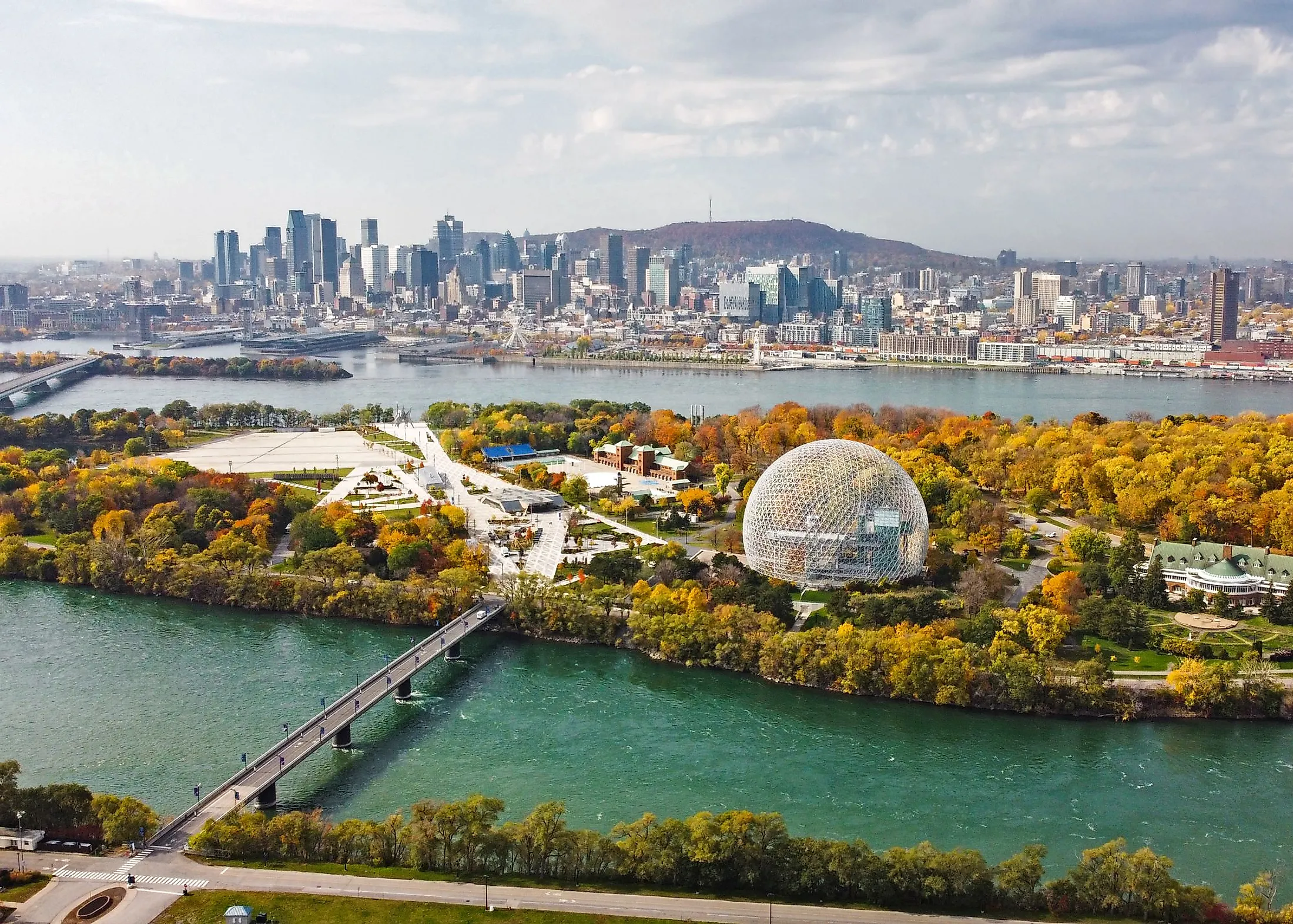 Aerial view of Montreal showing the Biosphere Environment Museum and Saint Lawrence River during fall season in Quebec, Canada.