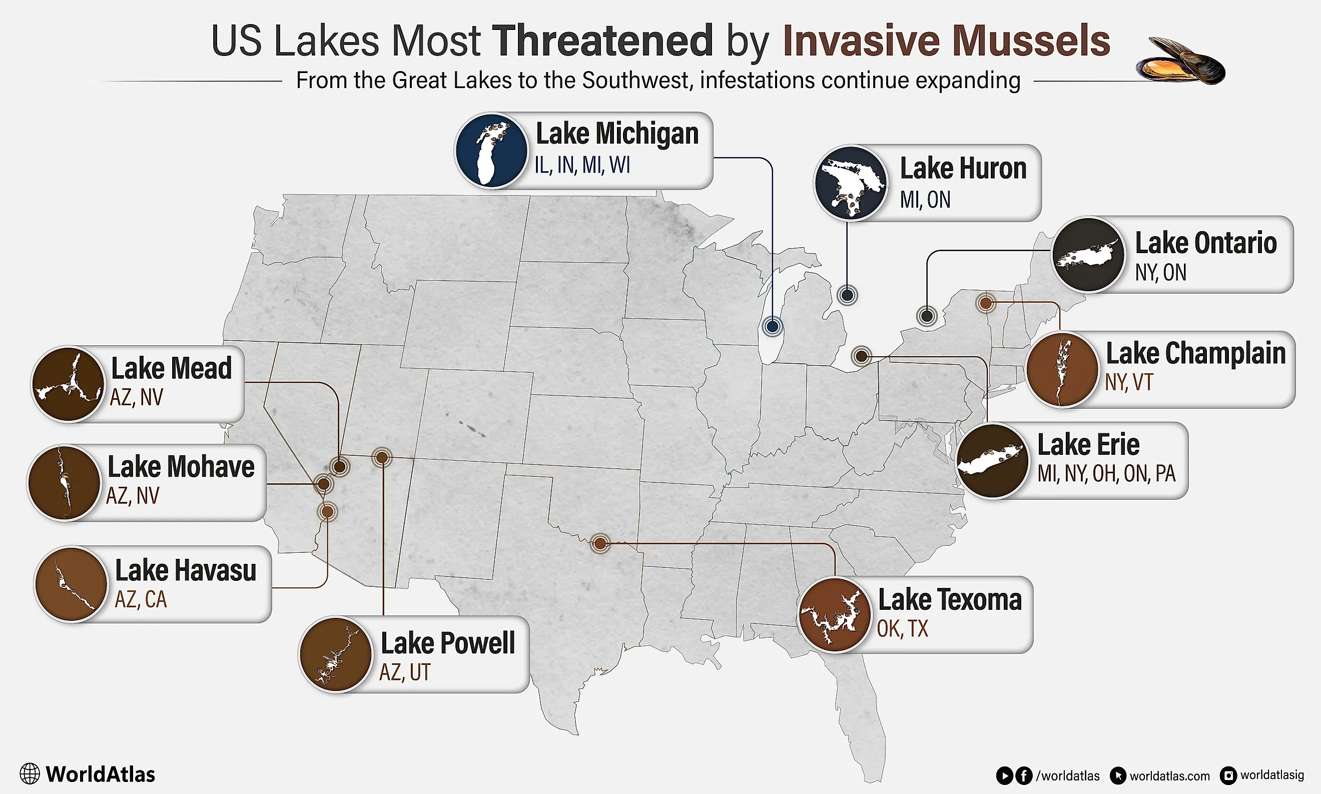 Infographic of US Lakes Most Threatened by Invasive Mussels. 