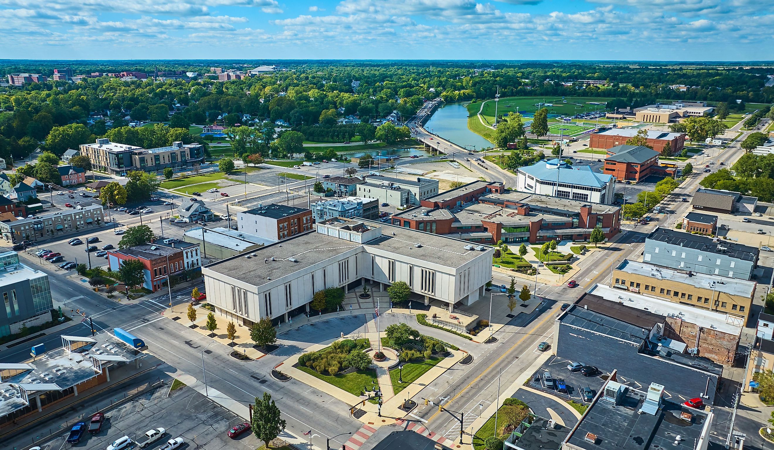 Delaware County Court Administration building aerial of Muncie city, IN on sunny summer day.