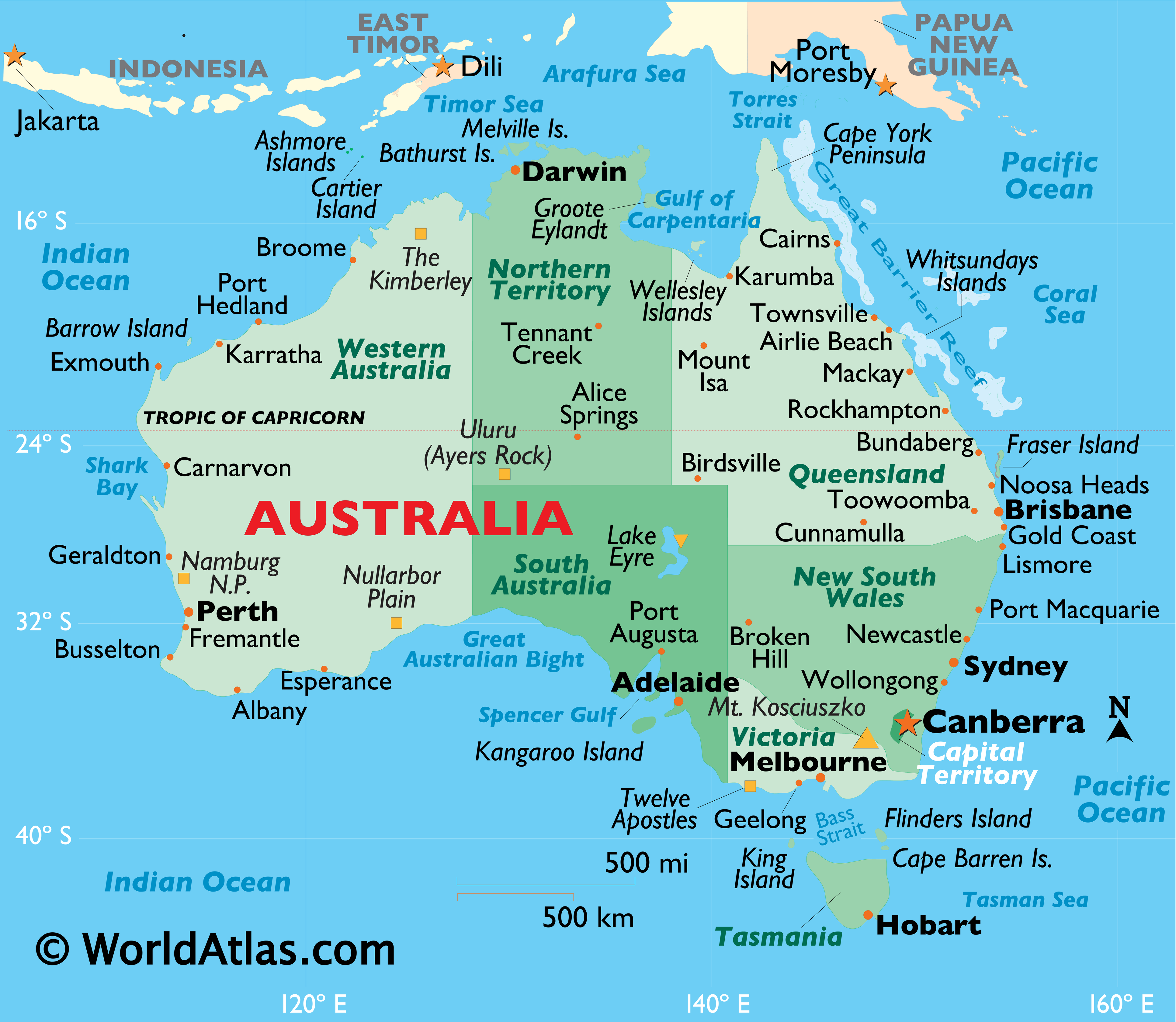 Physical Map of Australia showing islands, peninsulas, lakes, hills, major cities, states, and more.