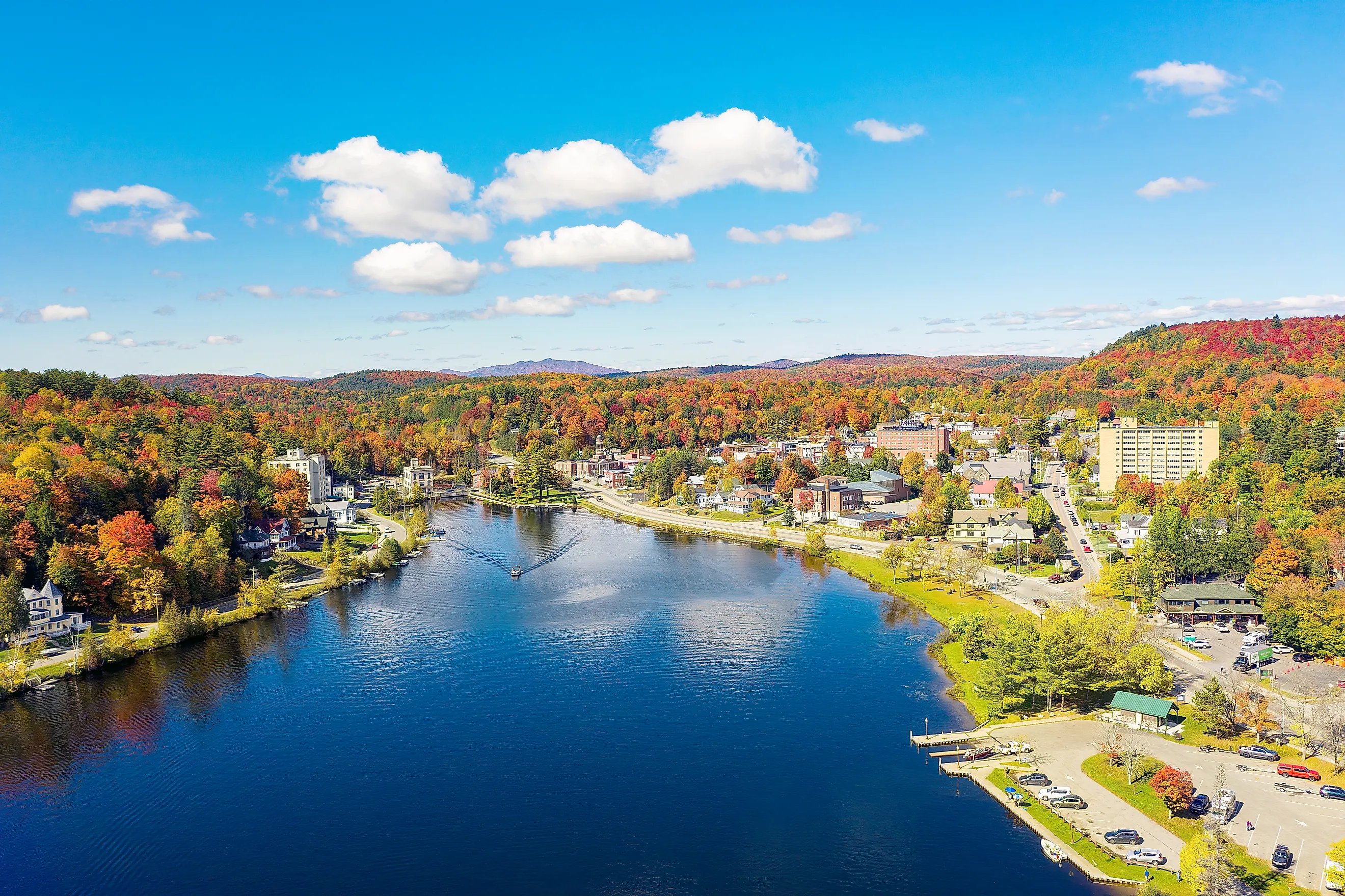Colorful aerial view of Saranac Lake New York in the Adirondack Mountains