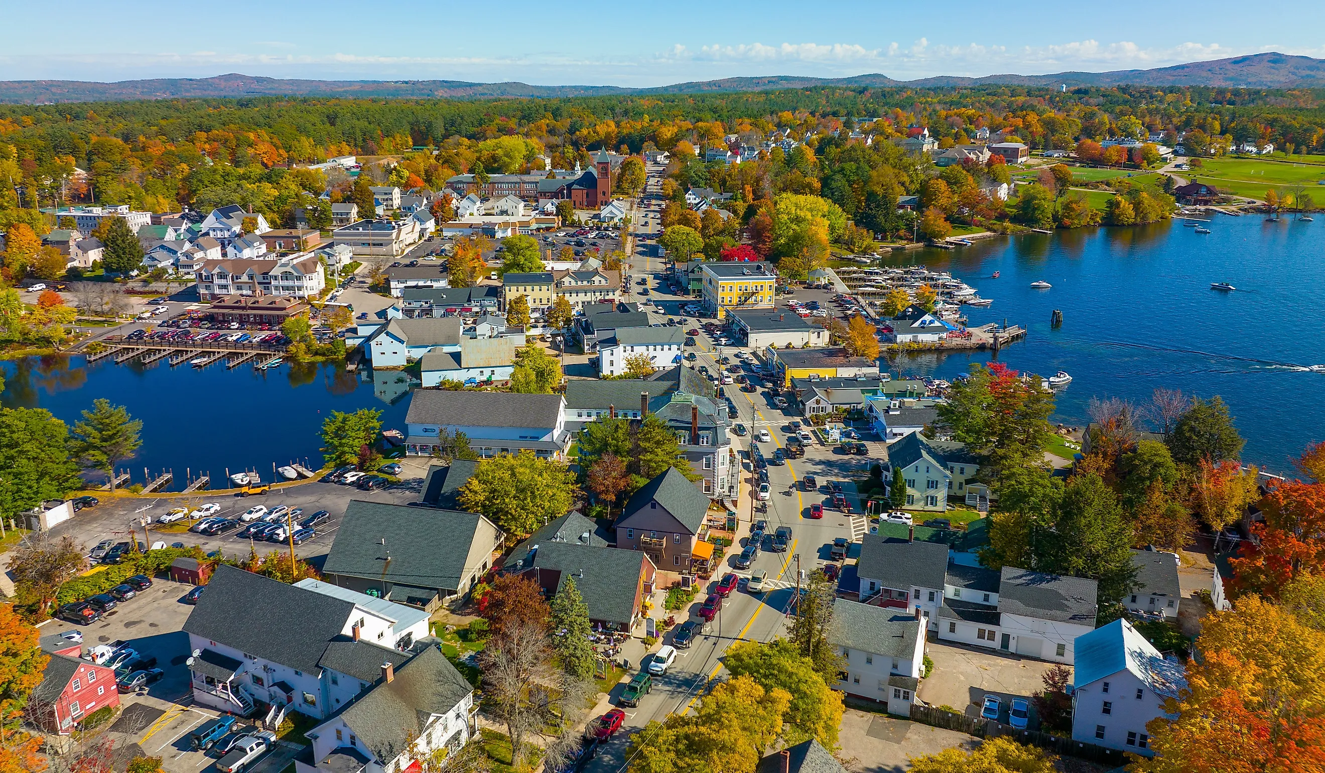 Lake Winnipesaukee aerial view on Main Street, Wolfeboro, New Hampshire.
