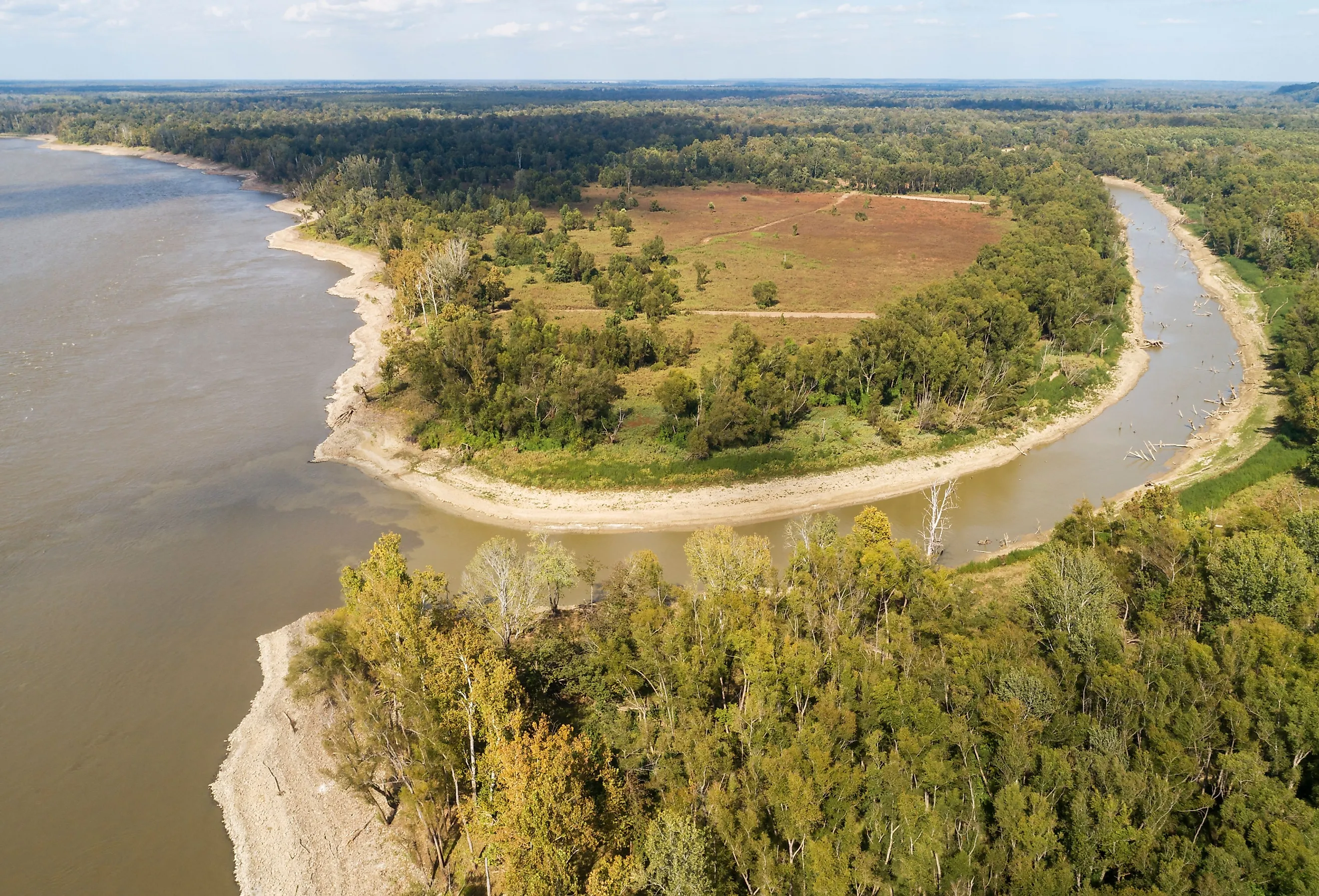 The Big Black River, a tributary of the Mississippi River, enters the Mississippi River near Grand Gulf, Mississippi.