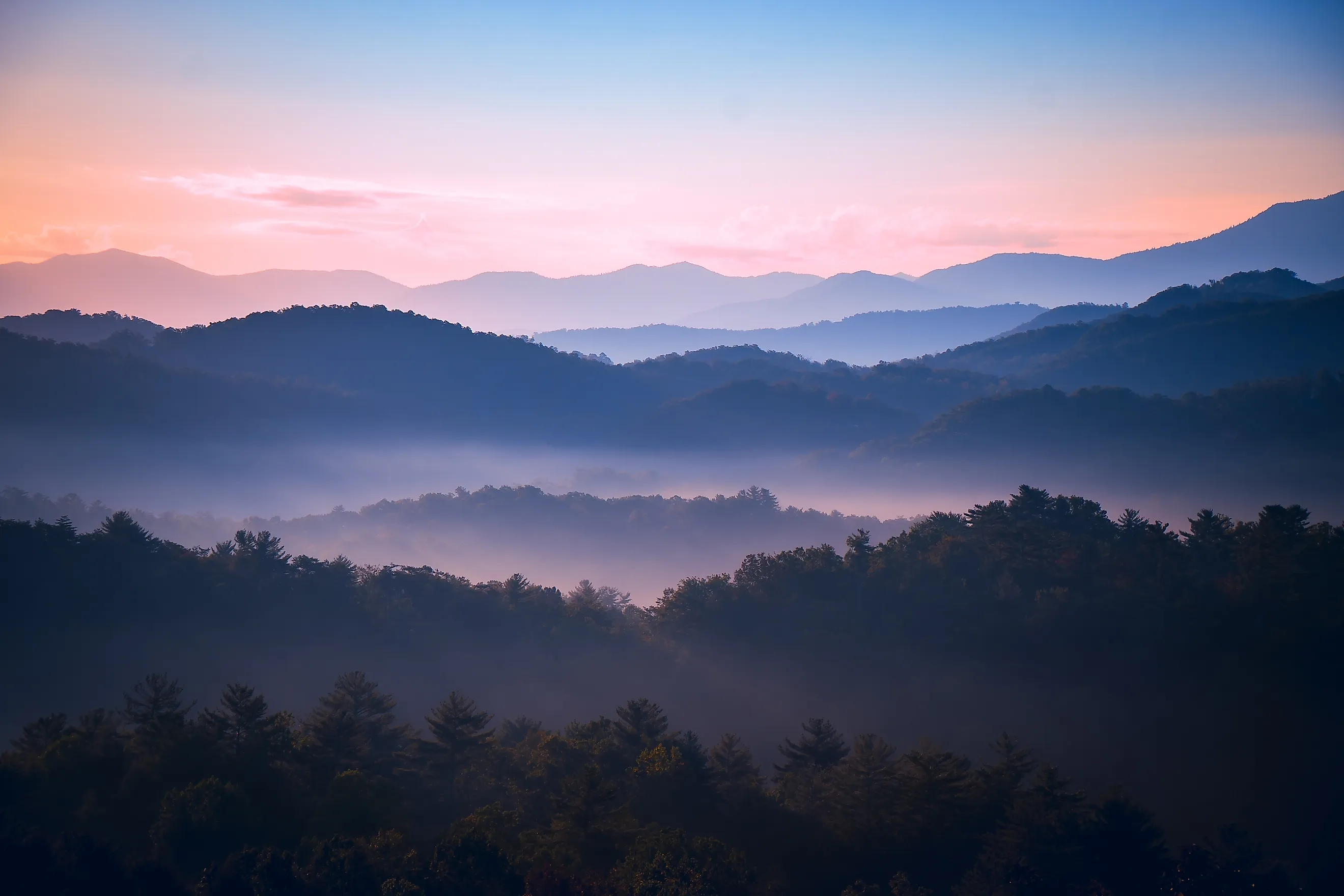 Sunrise over the Great Smoky Mountains in Tennessee. 