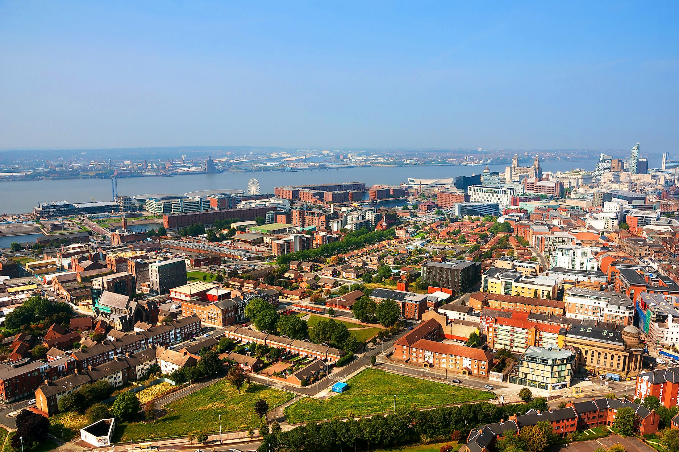  Aerial view of Liverpool, UK residential area and downtown