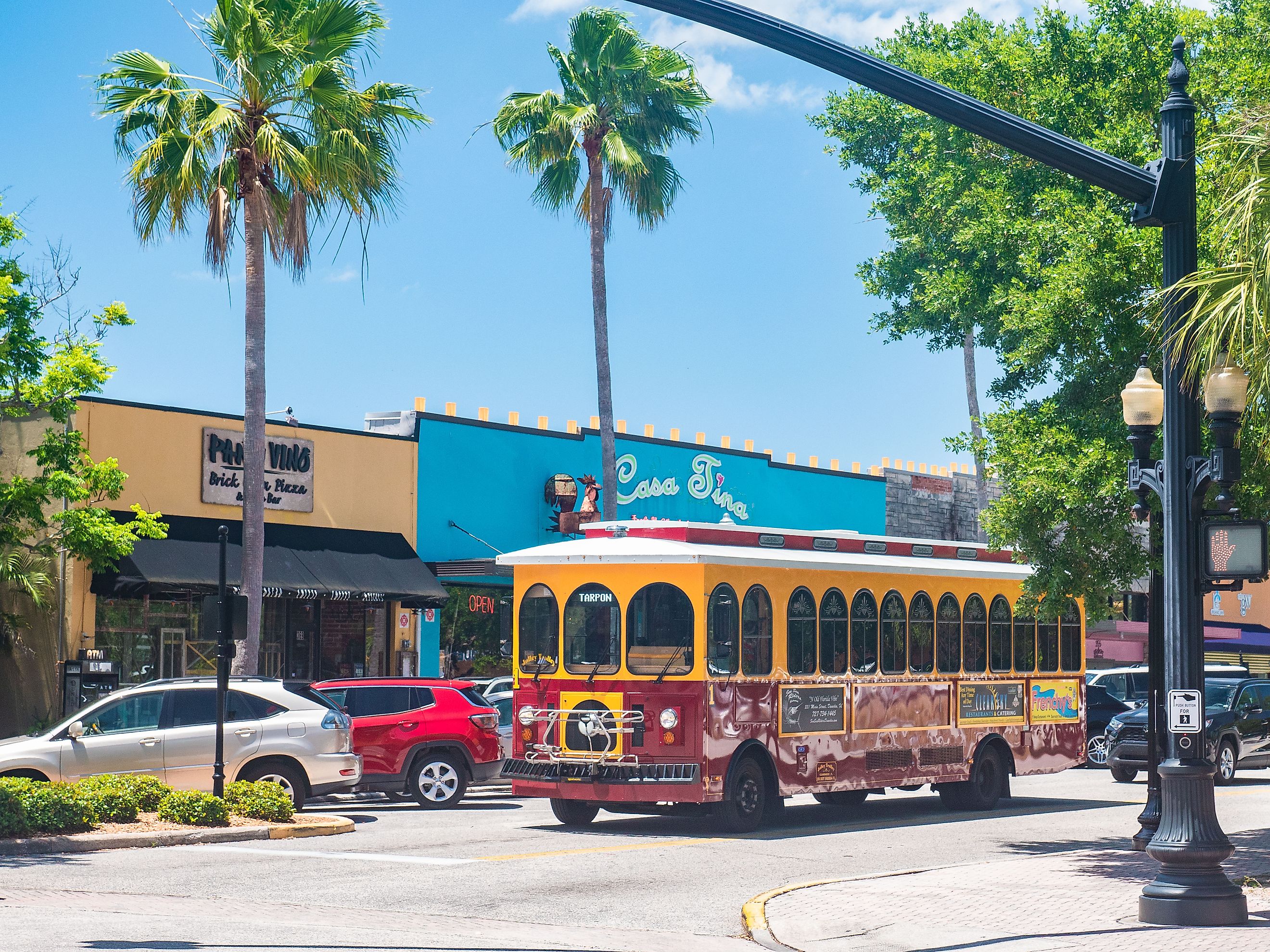Trolley driving through Main Street in Dunedin, Florida. Image credit Garrett Brown via Shutterstock