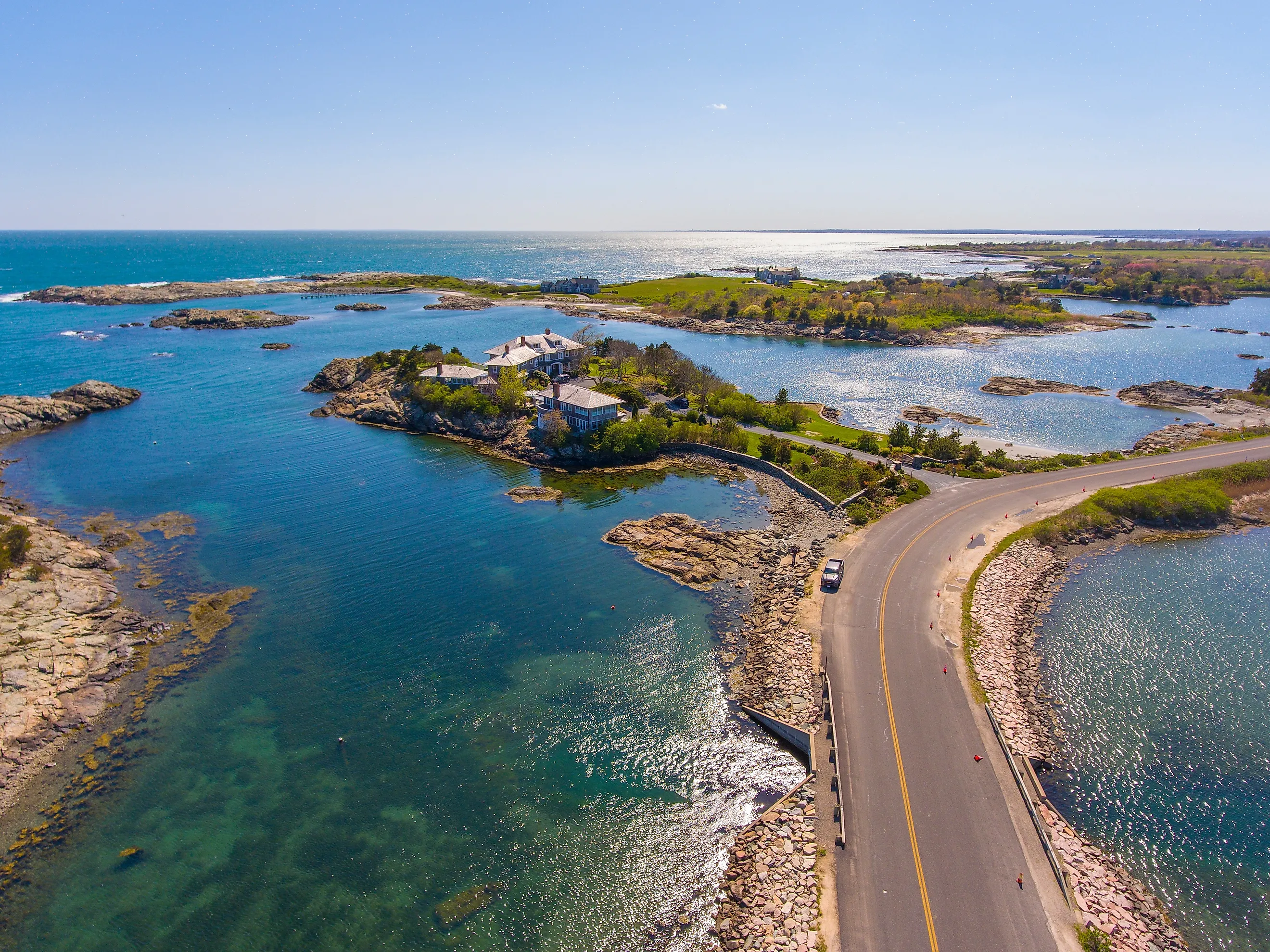 Aerial view of historic mansions along Ocean Drive in the Newport Historic District near Goose Neck, Rhode Island.