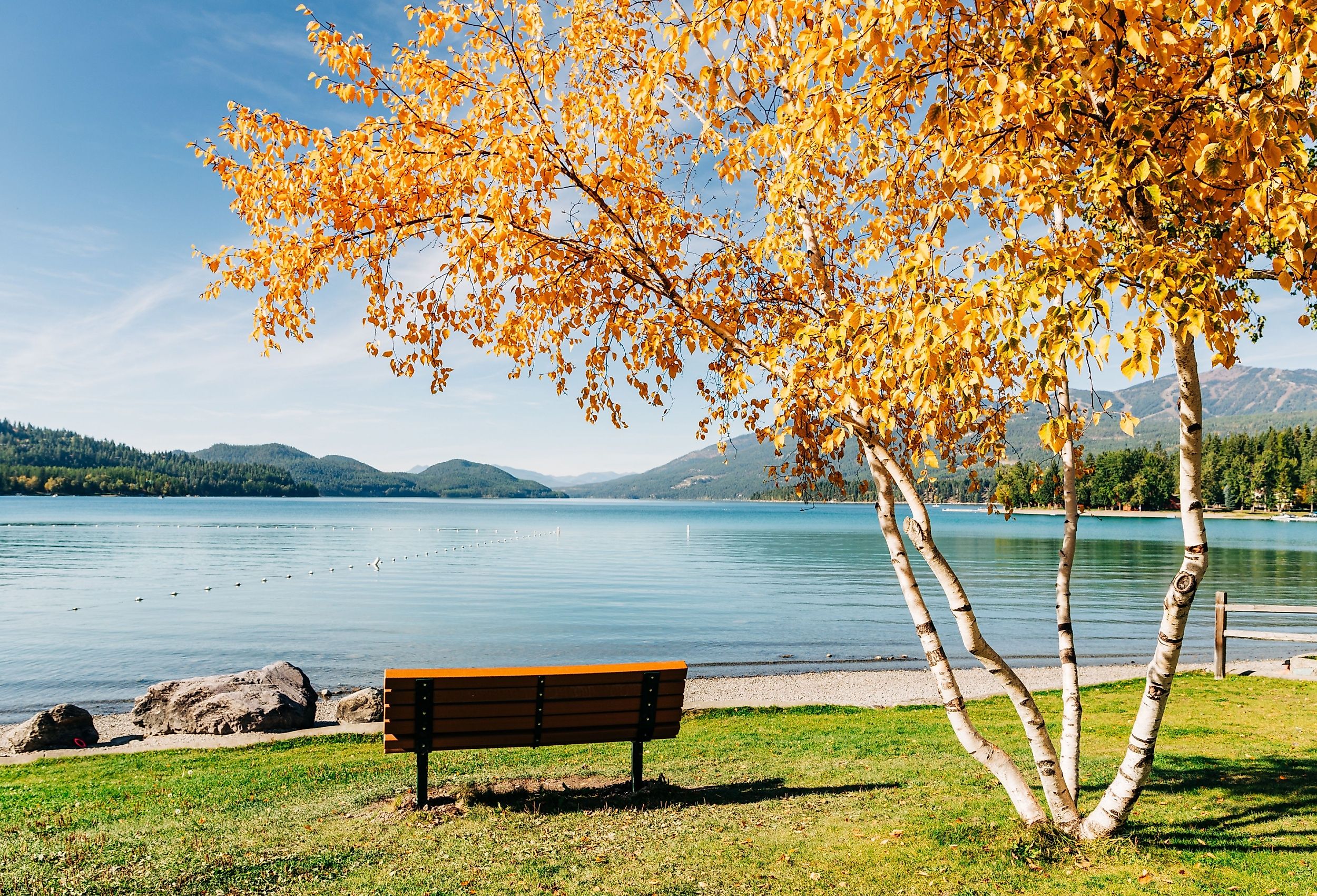 City Beach landscape on a sunny fall day in Whitefish, Montana