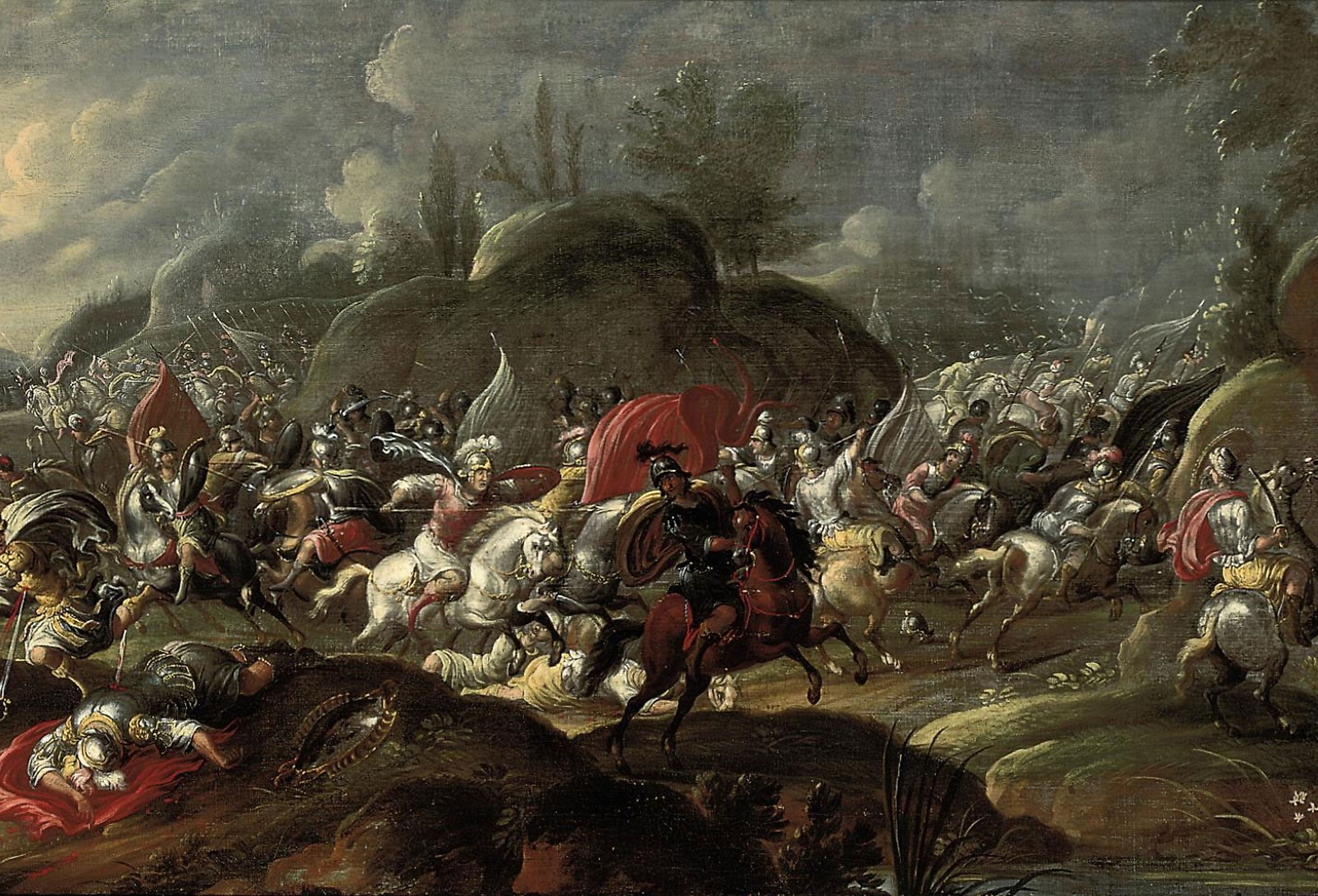 A depiction of the Death of Brutus and Cassius at the Battle of Philippi.