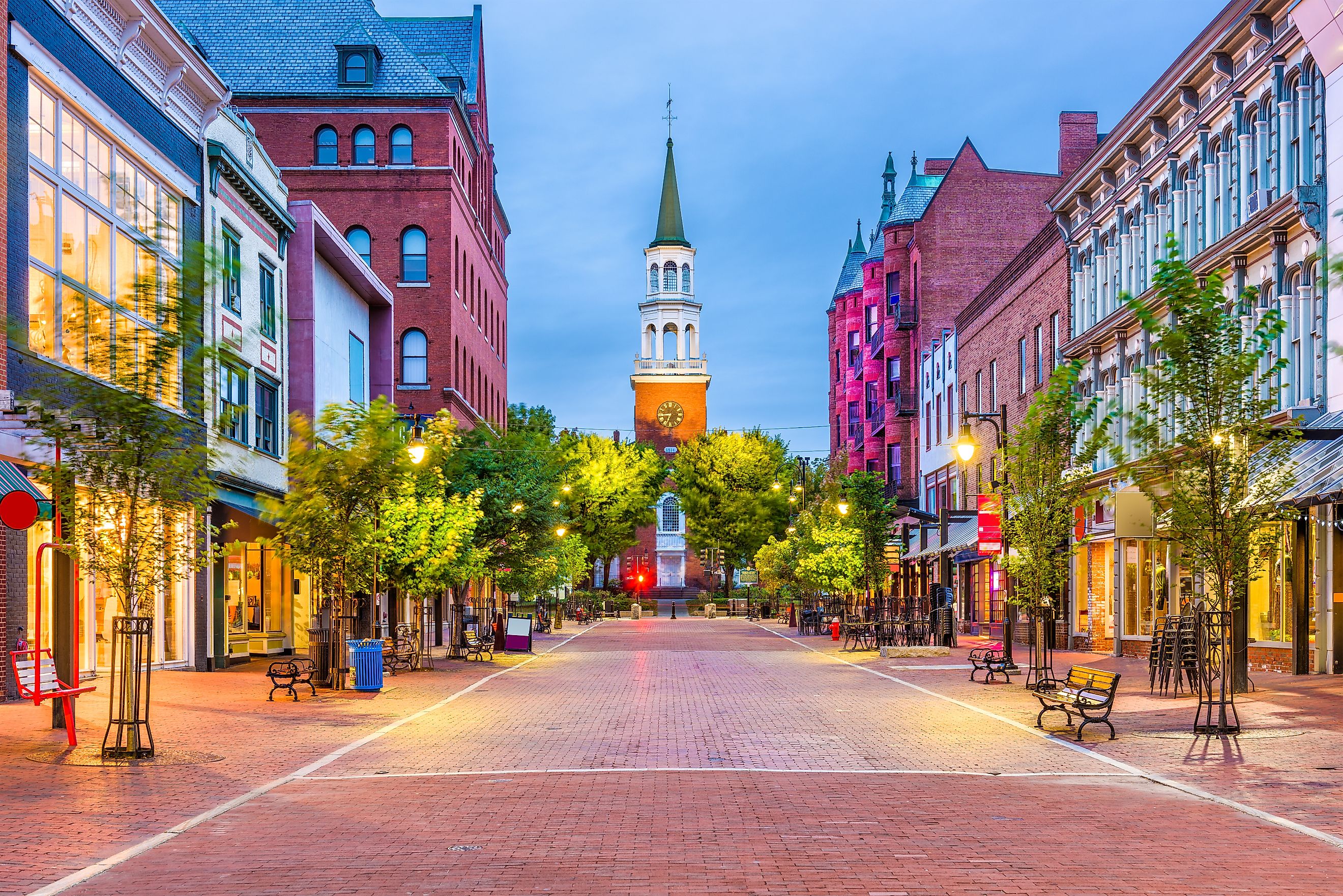 View of the Church Street Marketplace in Burlington, Vermont, USA, showcasing the vibrant atmosphere and historic architecture.