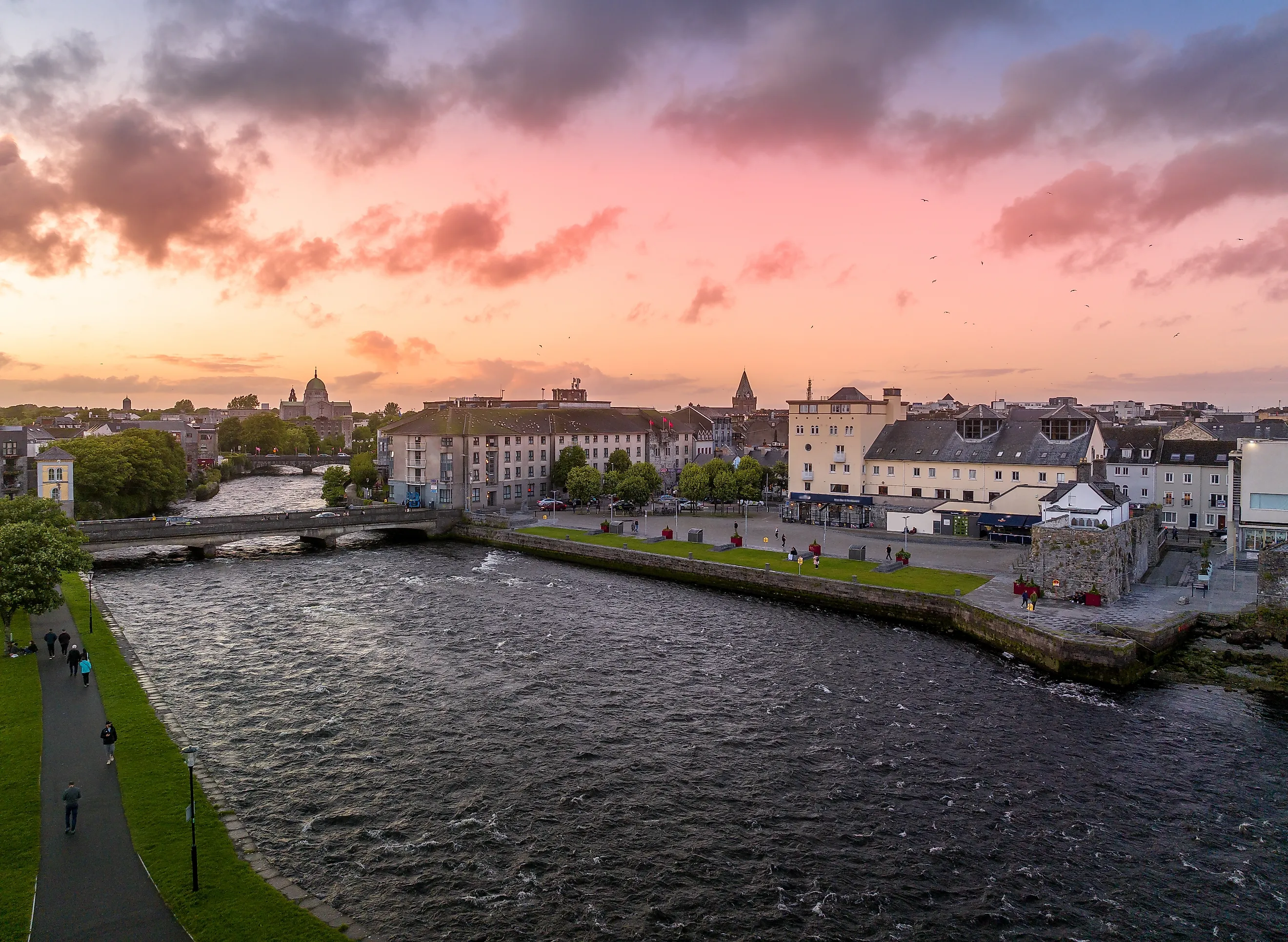 Aerial sunset panorama of Galway, harbor city on Ireland’s west coast. 