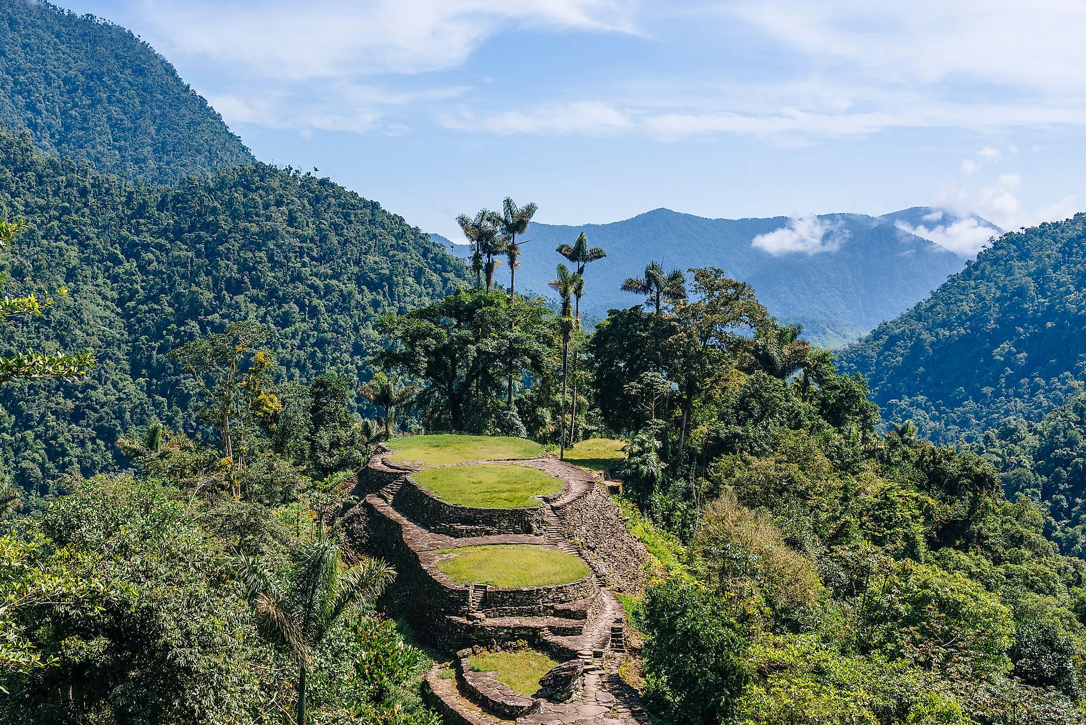 Panoramic view on the terraces of the Lost City (Ciudad Perdida) in the Sierra Nevada de Sante Marta, Magdalena, Colombia
