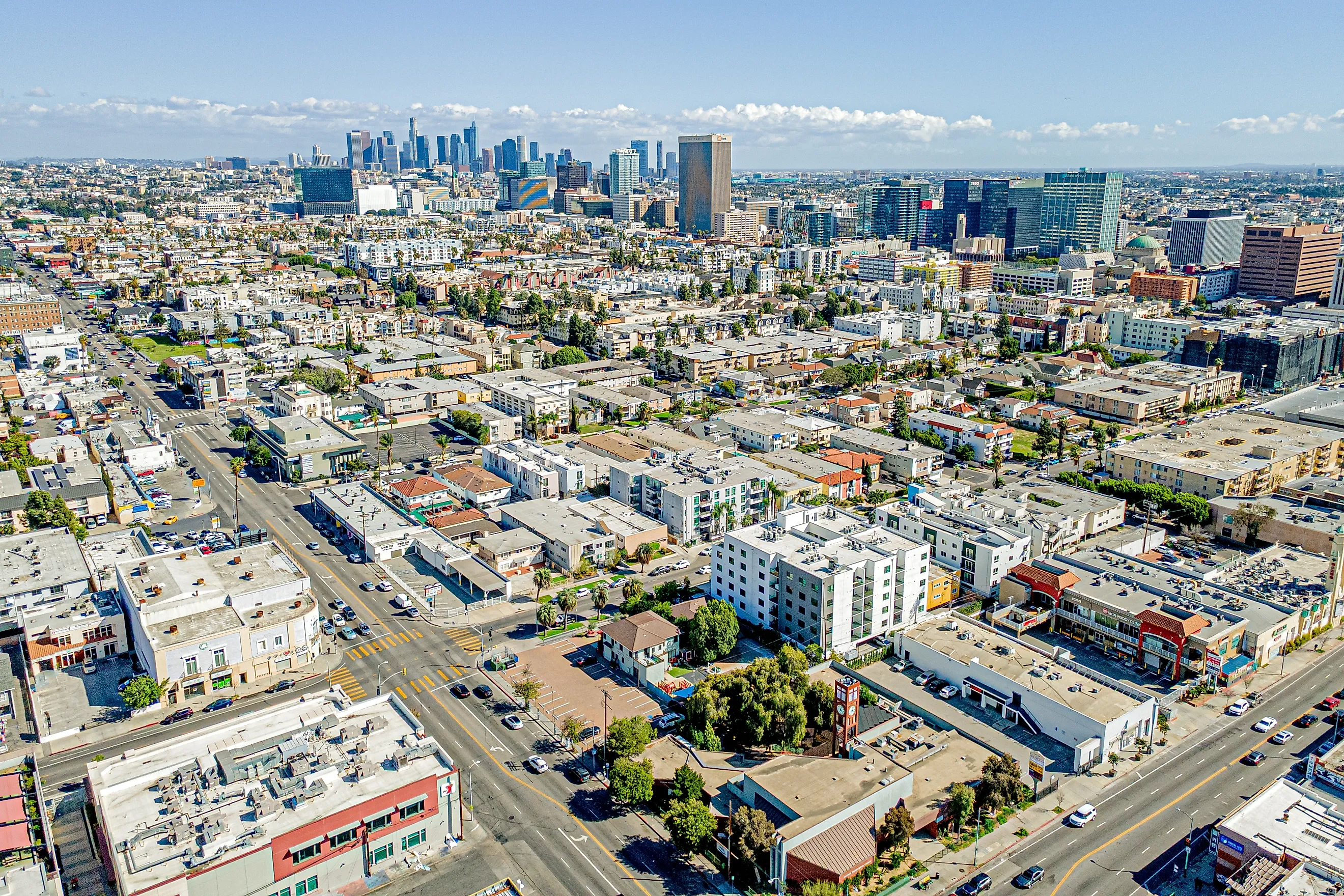 Aerial View of LA Koreatown with Oxford Ave Central and LA Western Ave in Los Angeles County. 
