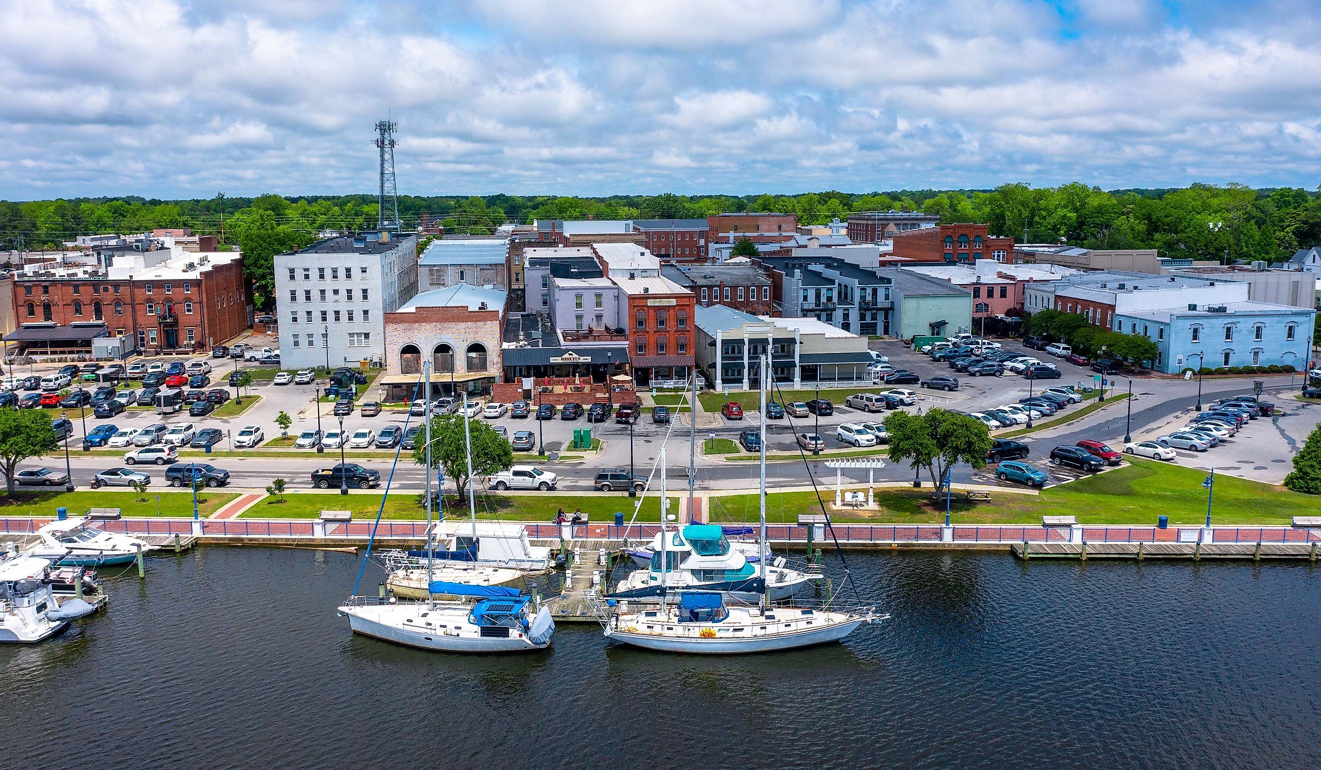 Aerial view of boats at the marina on the river near Washington, North Carolina. Editorial credit: Kyle J Little / Shutterstock.com