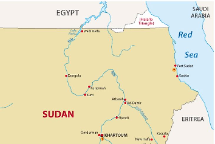 Map showing Bir Tawil (white) between Egypt and Sudan.
