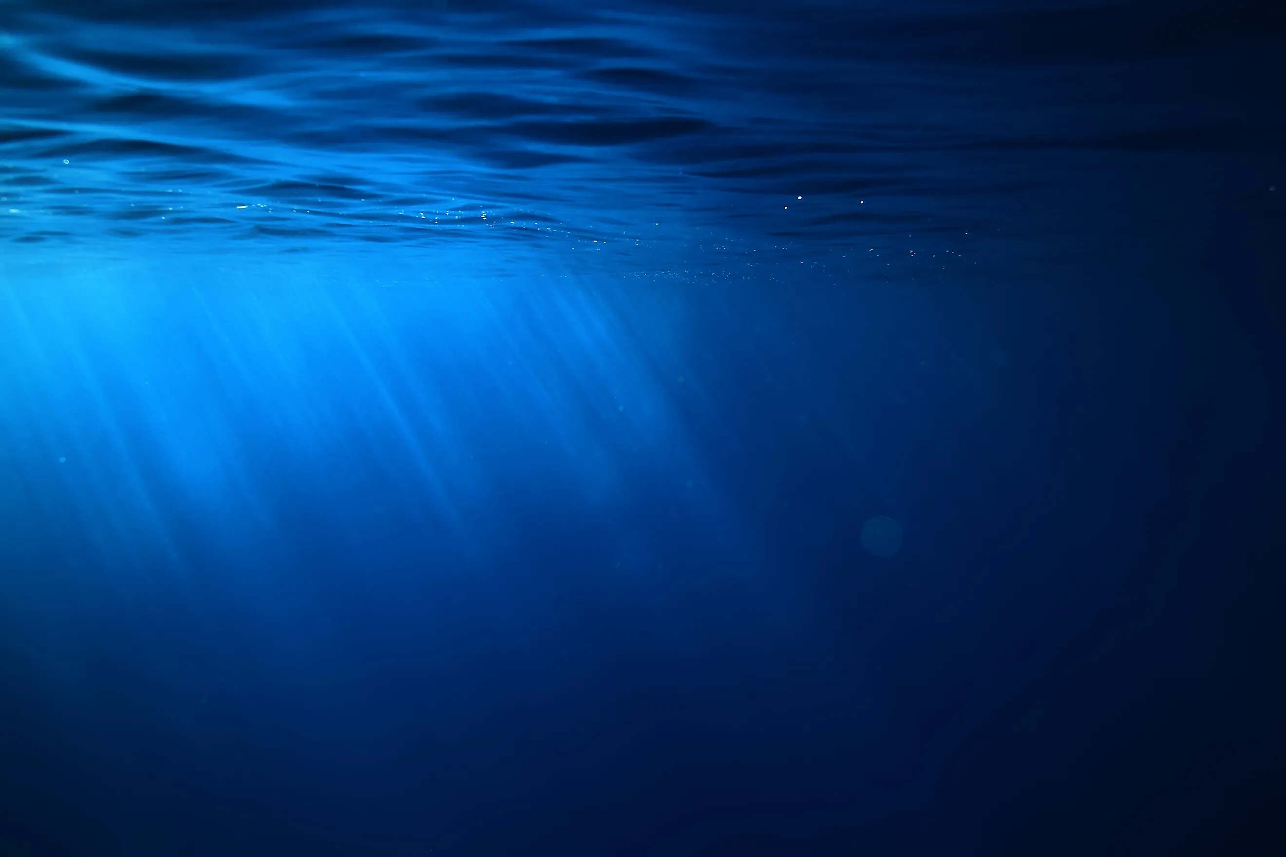 Underwater view of the ocean with rays of sunlight filtering through blue water