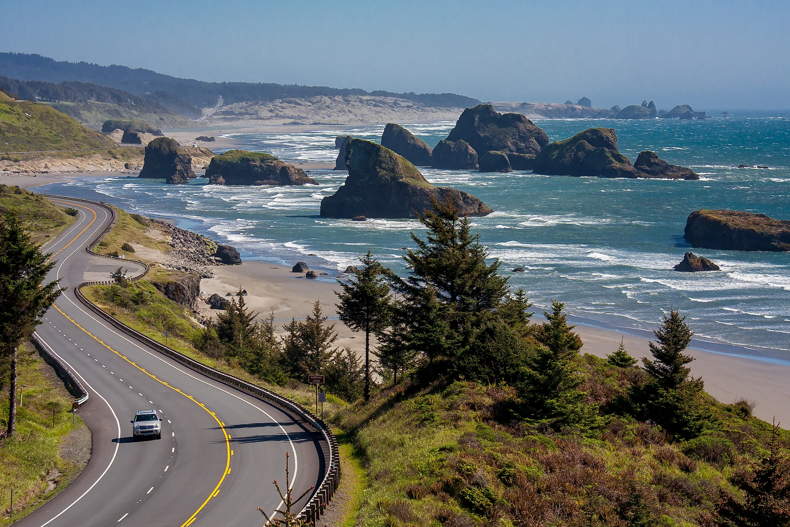 Scenic drive through Cannon Beach, Oregon.