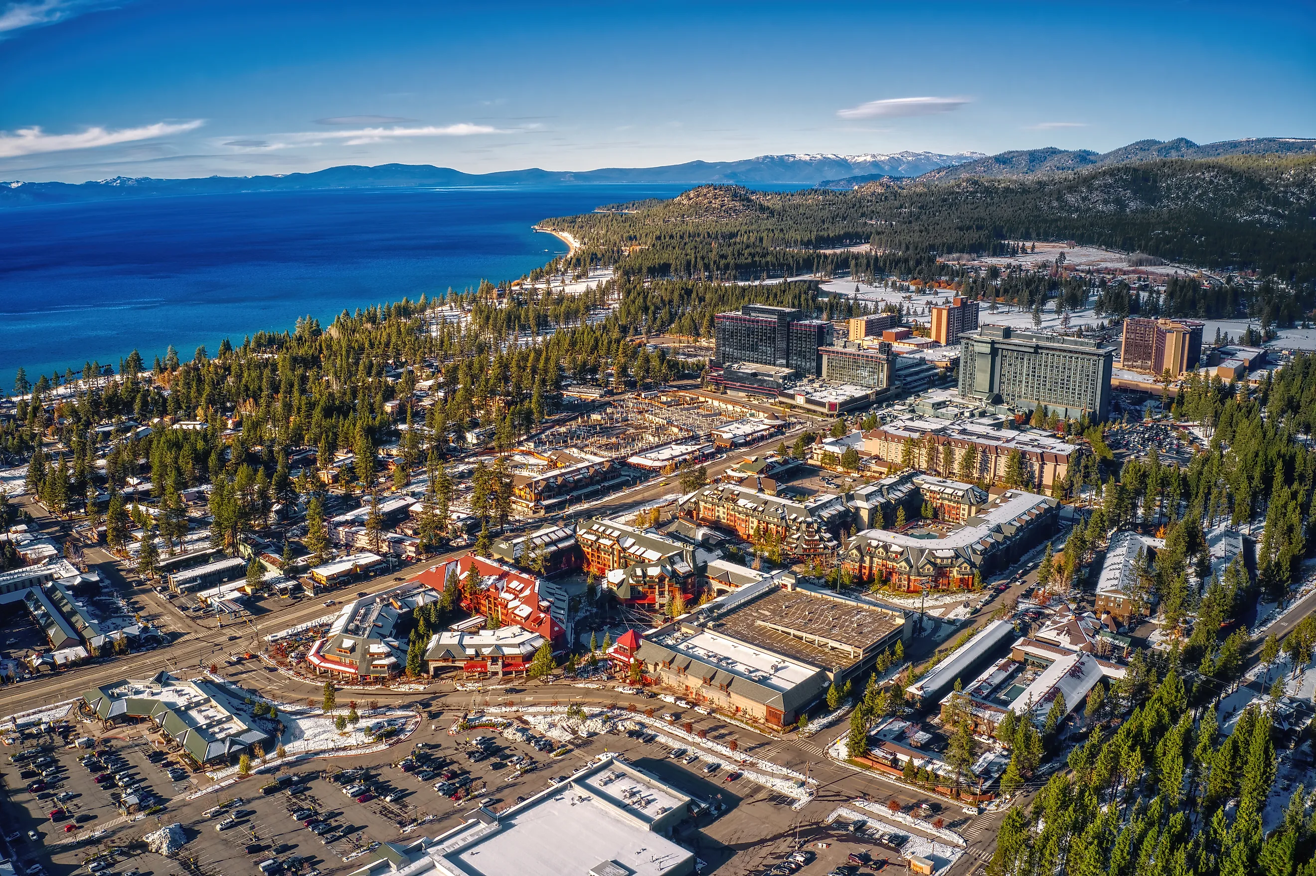 The gorgeous town of South Lake Tahoe on the shores of Lake Tahoe.