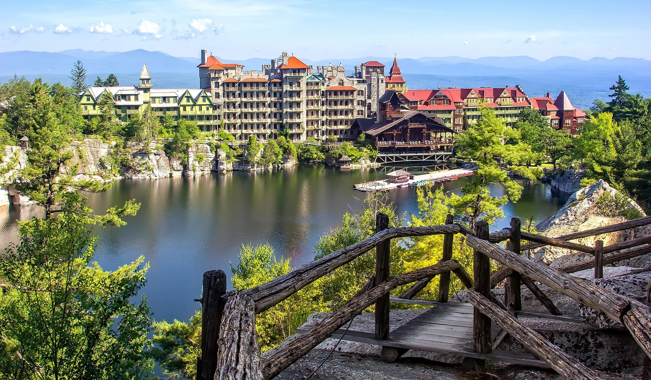 Scenic View of Mohonk Mountain House and Lake in New Paltz, New York.