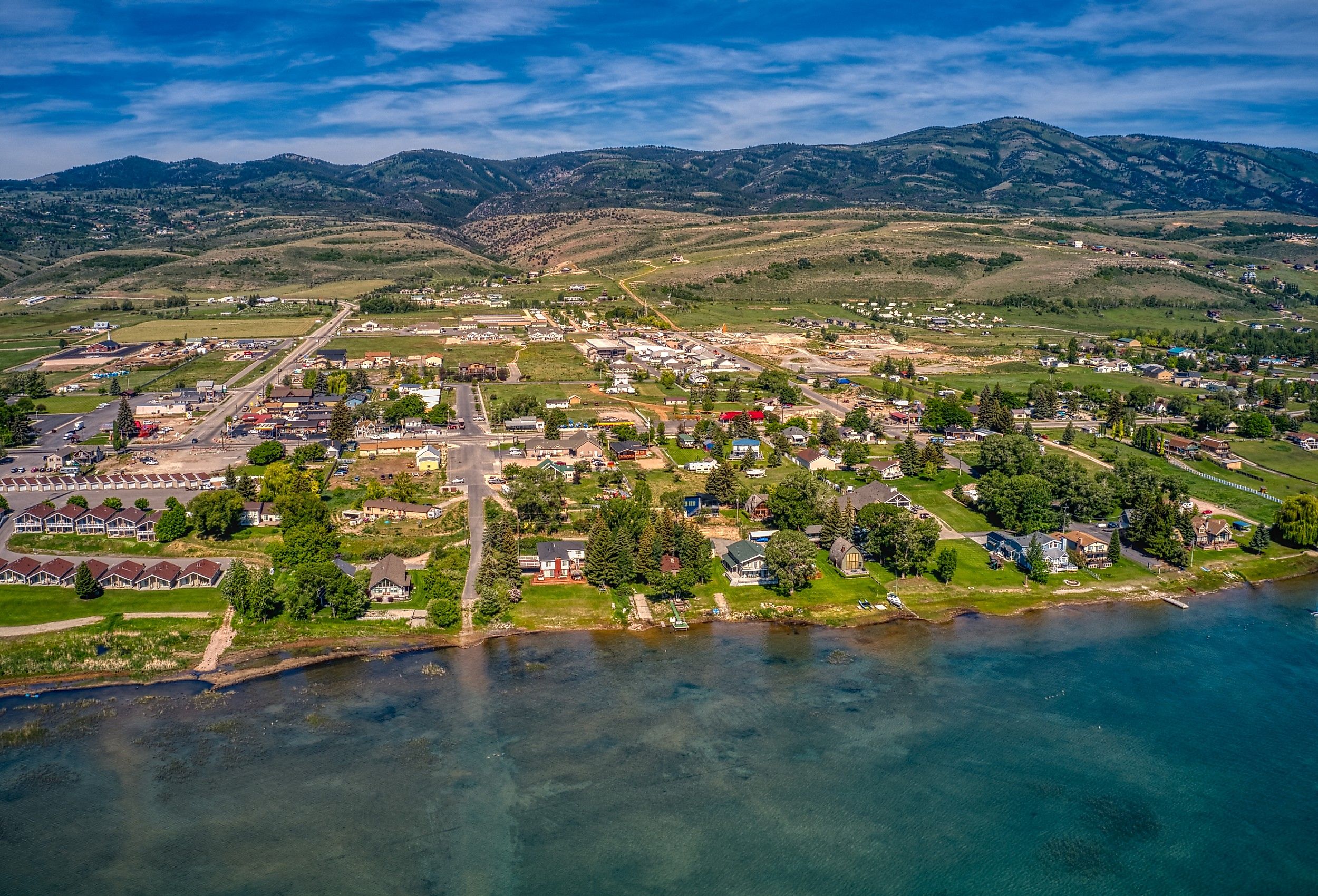Aerial view of Garden City, Utah, on the shore of Bear Lake.