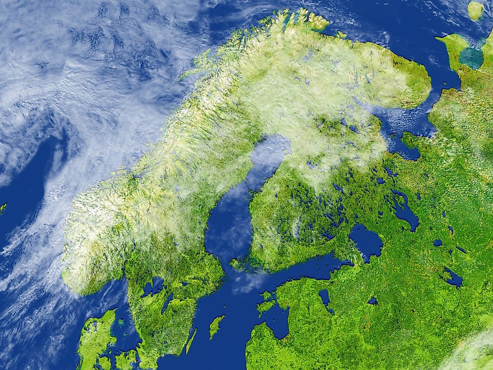 A 3D illustration of the Scandinavian Peninsula.