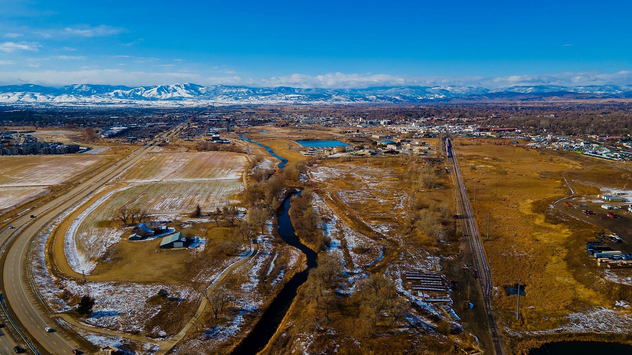 Aerial view of Longmont, Colorado from the St Vrain.