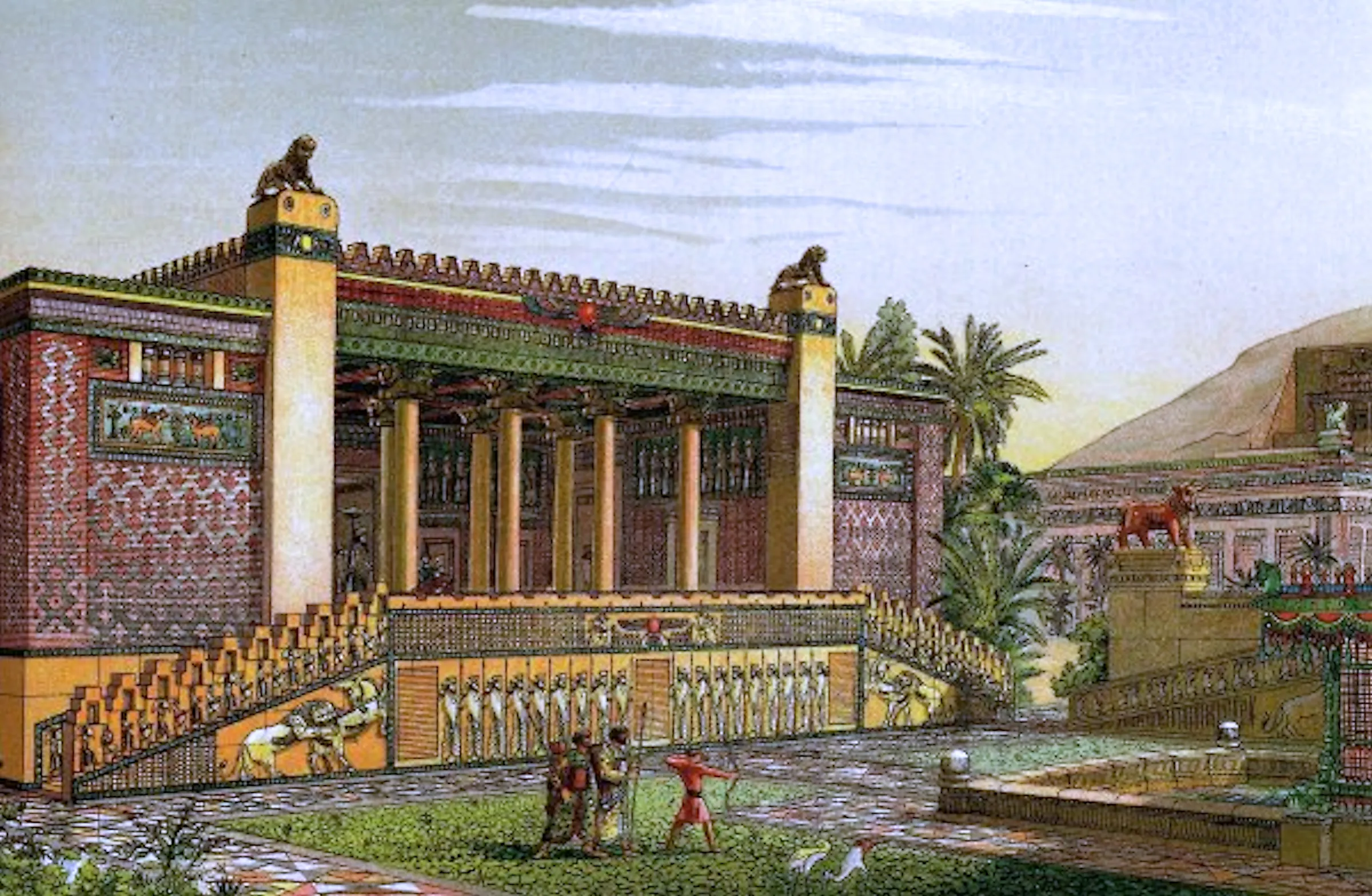 Recreation by Charles Chipiez of the gardens outside the palace of Darius I in Persepolis.