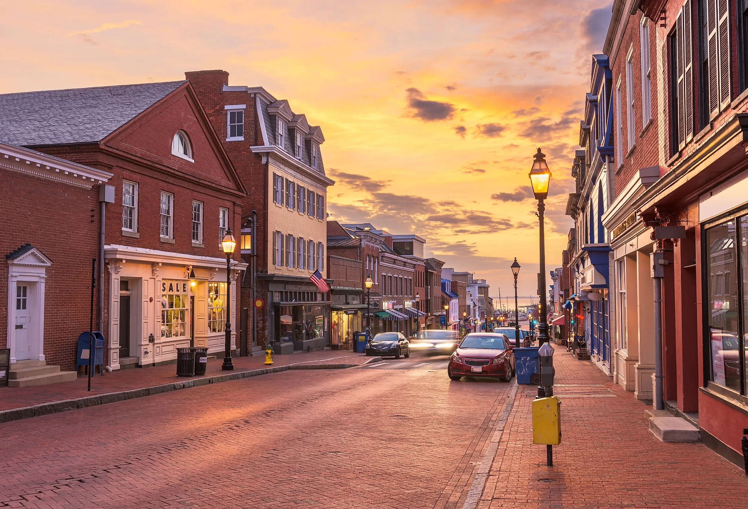 Annapolis, Maryland, USA downtown cityscape on Main Street at dawn.