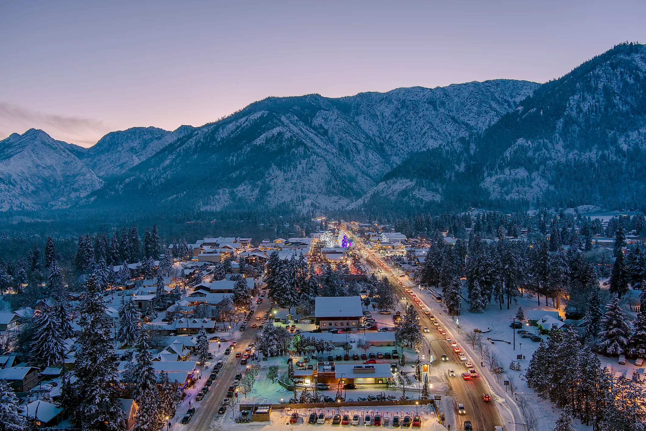 Aerial view of Leavenworth, Washington at sunset in December