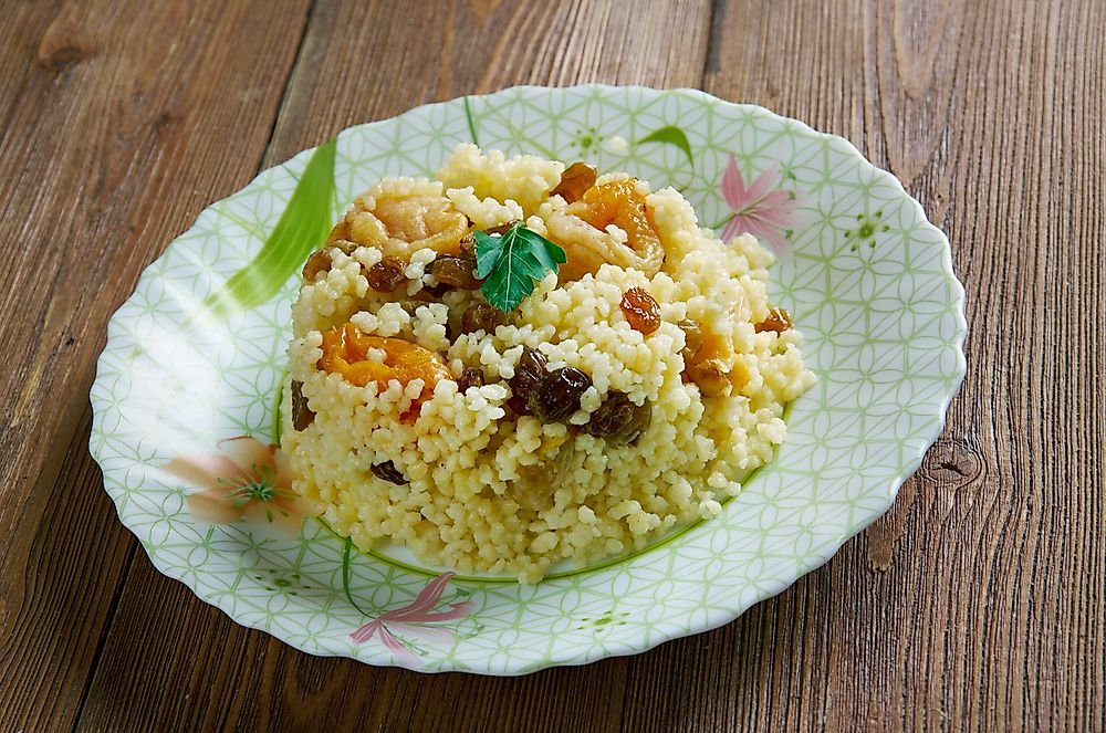 Algerian couscous seen with dried fruit.