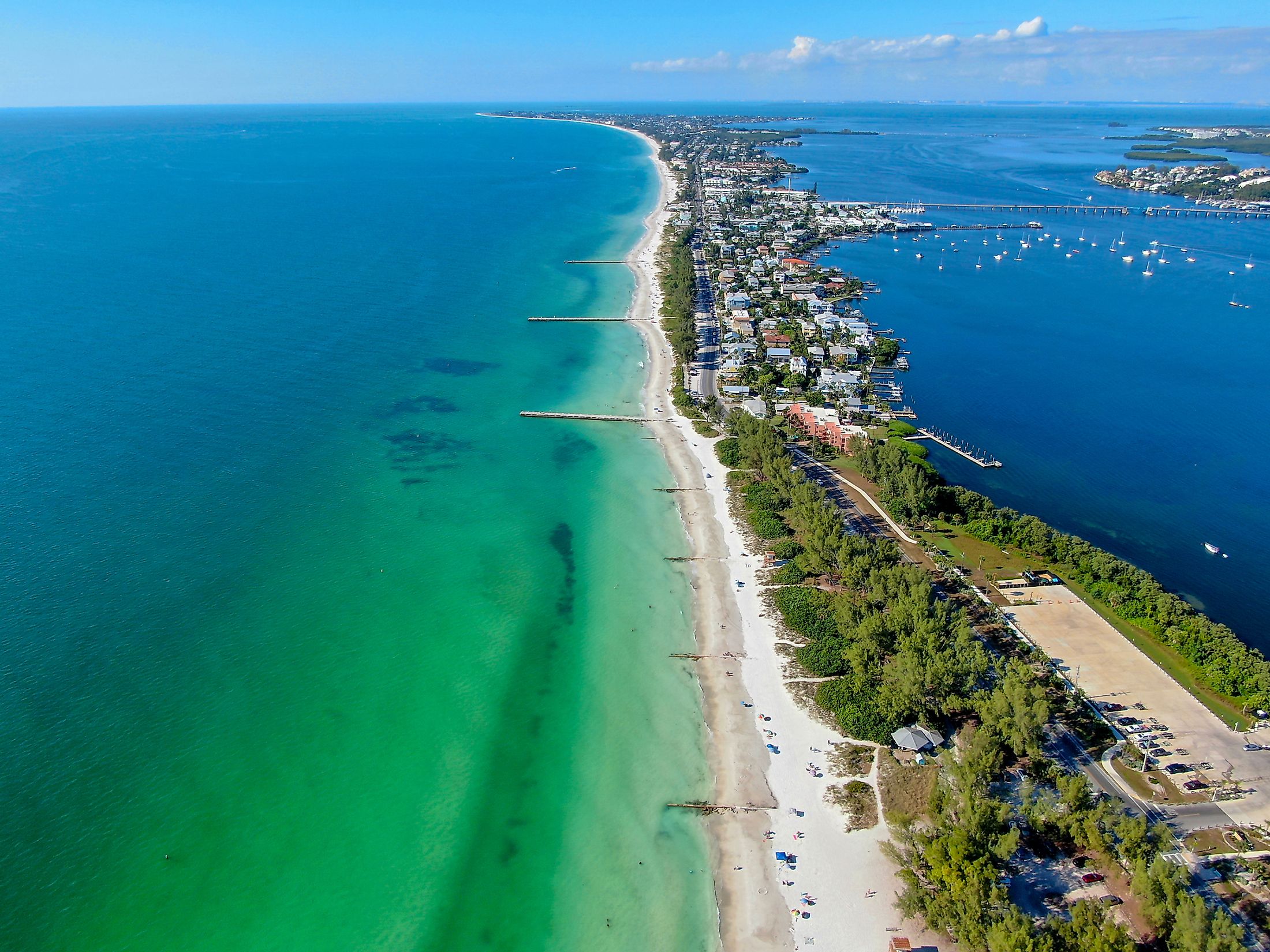 Aerial view of Coquina Beach with white sand beach and the main road, Anna Maria Island, Florida.